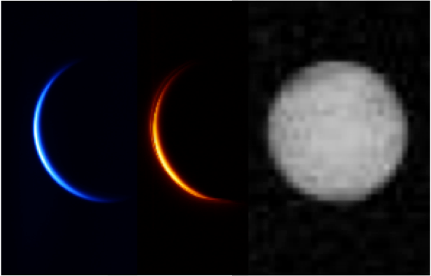Venus am 7. Dezember 2010 aus Sicht von Akatsuki (Aufnahme in drei unterschiedlichen Wellenlängen)