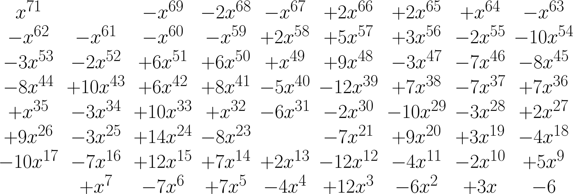 Die Nullstelle dieses Polynoms 71. Grades gibt die Conway-Konstante eines Zahlenrätsels an.