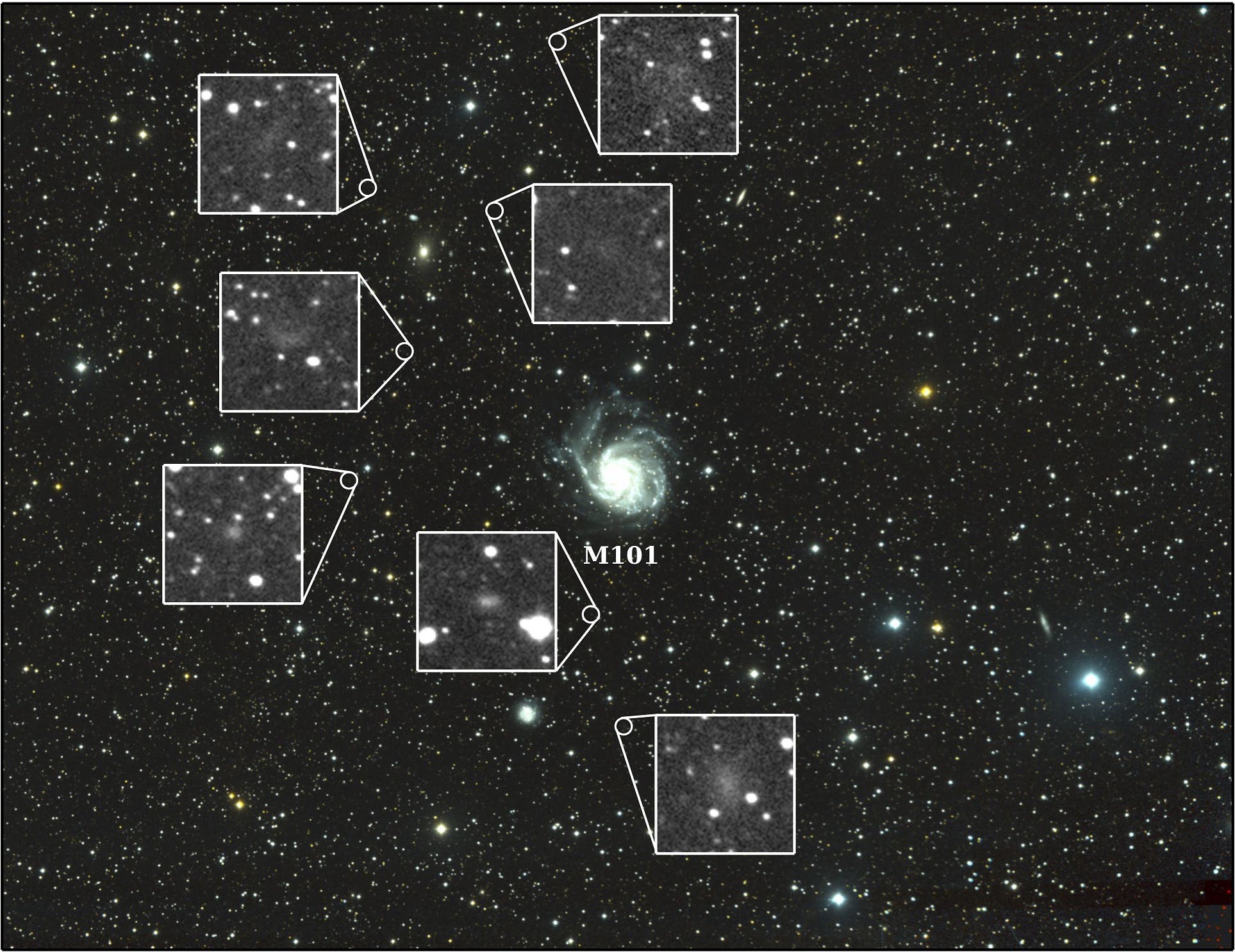 Die Umgebung der Spiralgalaxie Messier 101 im Sternbild Großer Bär (Aufnahme mit dem Dragonfly Telphoto Array)