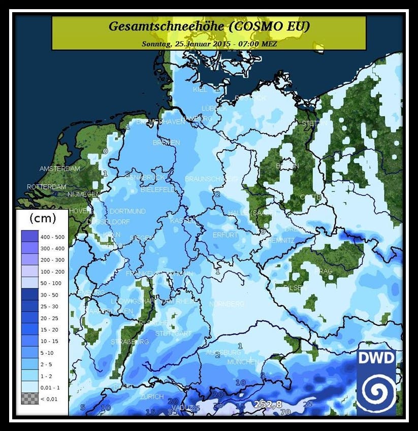 Erwartete Schneehöhen in Deutschland bis Sonntagmorgen