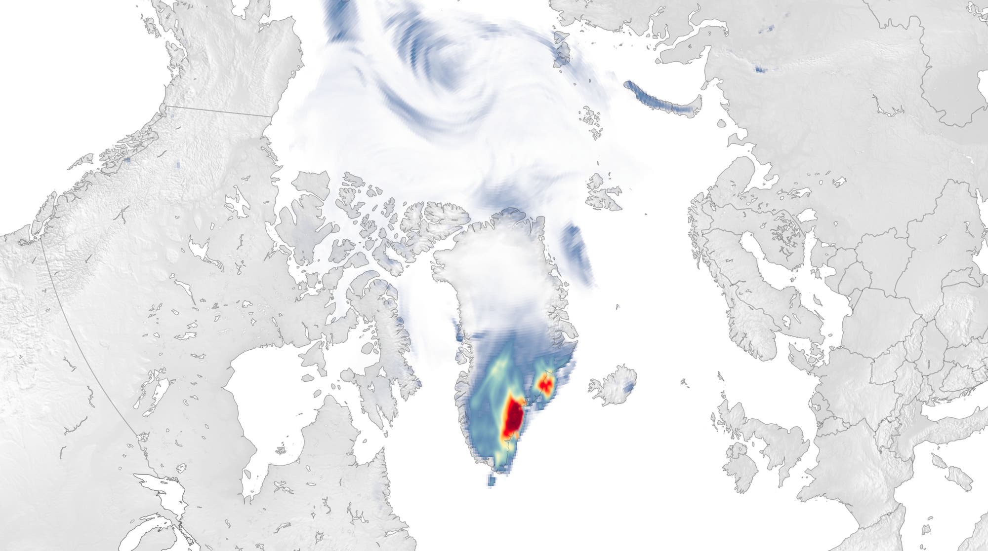 Der ehemalige Wirbelsturm »Larry« brachte Schneemassen in den Südosten Grönlands. Je intensiver rot, desto mehr Schnee fiel auf das Inlandeis, das im Sommer 2021 wieder stark gelitten hatte.