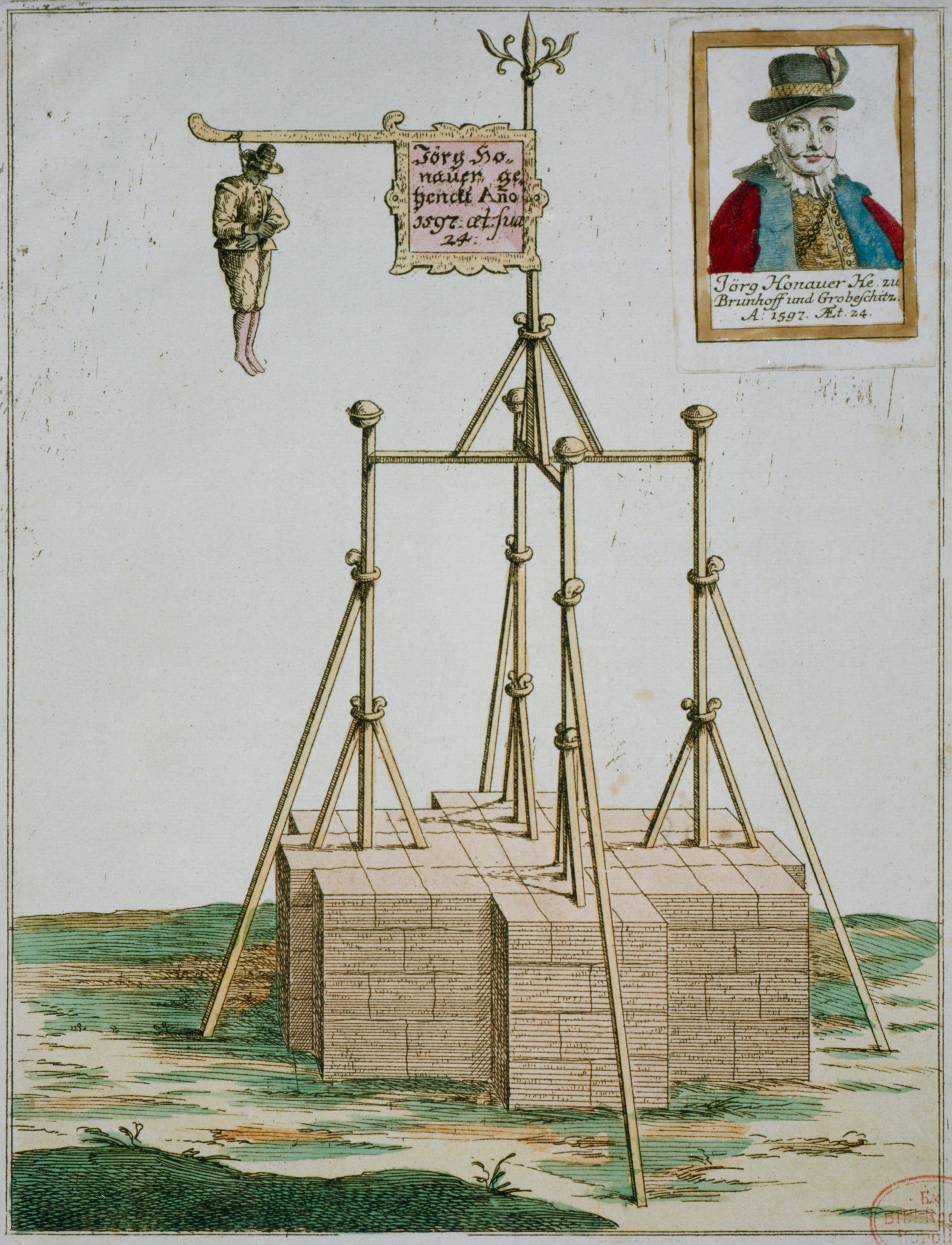 Eine historische Illustration zeigt eine Hinrichtungsplattform aus eisernen Stangen mit einem hängenden Körper. Rechts oben im Bild ist ein Porträt Georg Honauers mit Hut und rotem Mantel zu sehen. Der Hintergrund ist eine einfache Landschaft.