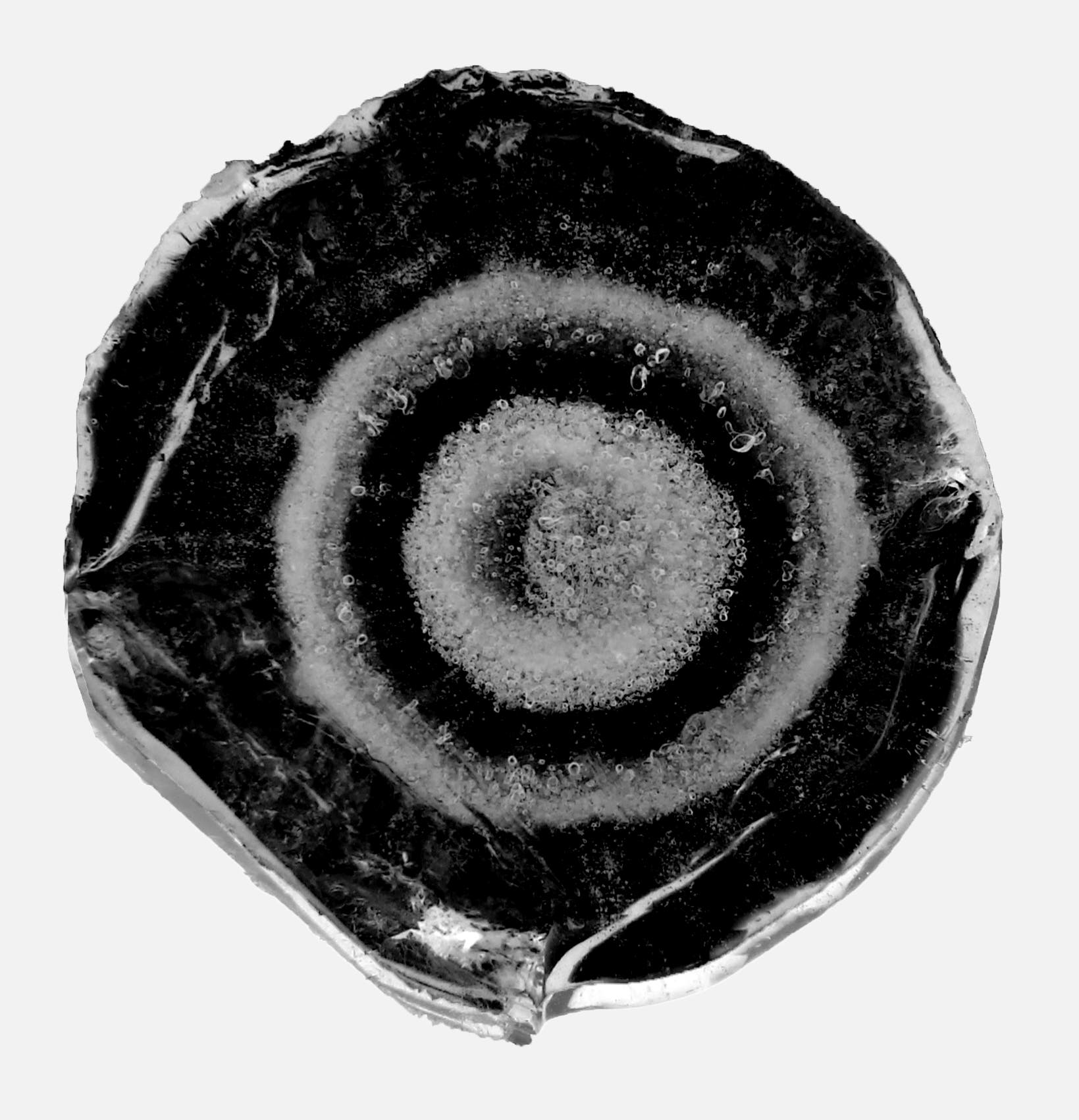 Nahaufnahme eines Querschnitts eines kreisförmigen Hagelkorns mit schwarz-weißen, konzentrischen Ringen. In den hellen Ringen lassen sich eingeschlossene Luftbläschen erkennen, während die schwarzen Bereiche kompaktem, transparentem Eis entsprechen. Nahaufnahme eines Querschnitts eines kreisförmigen Hagelkorns mit schwarz-weißen, konzentrischen Ringen. In den hellen Ringen lassen sich eingeschlossene Luftbläschen erkennen, während die schwarzen Bereiche kompaktem, transparentem Eis entsprechen.