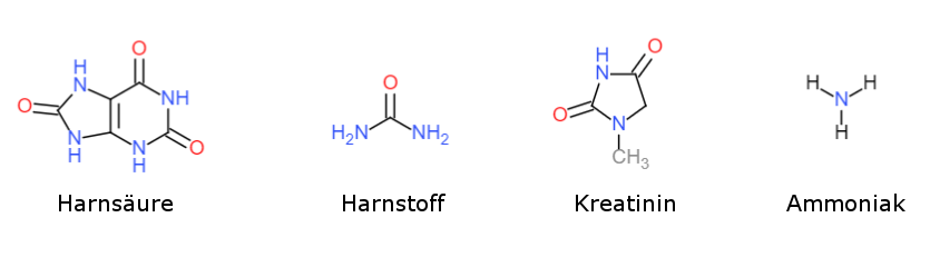 Stickstoffverbindungen des Urins: Harnstoff, Harnsäure, Kreatinin, Ammoniak.
