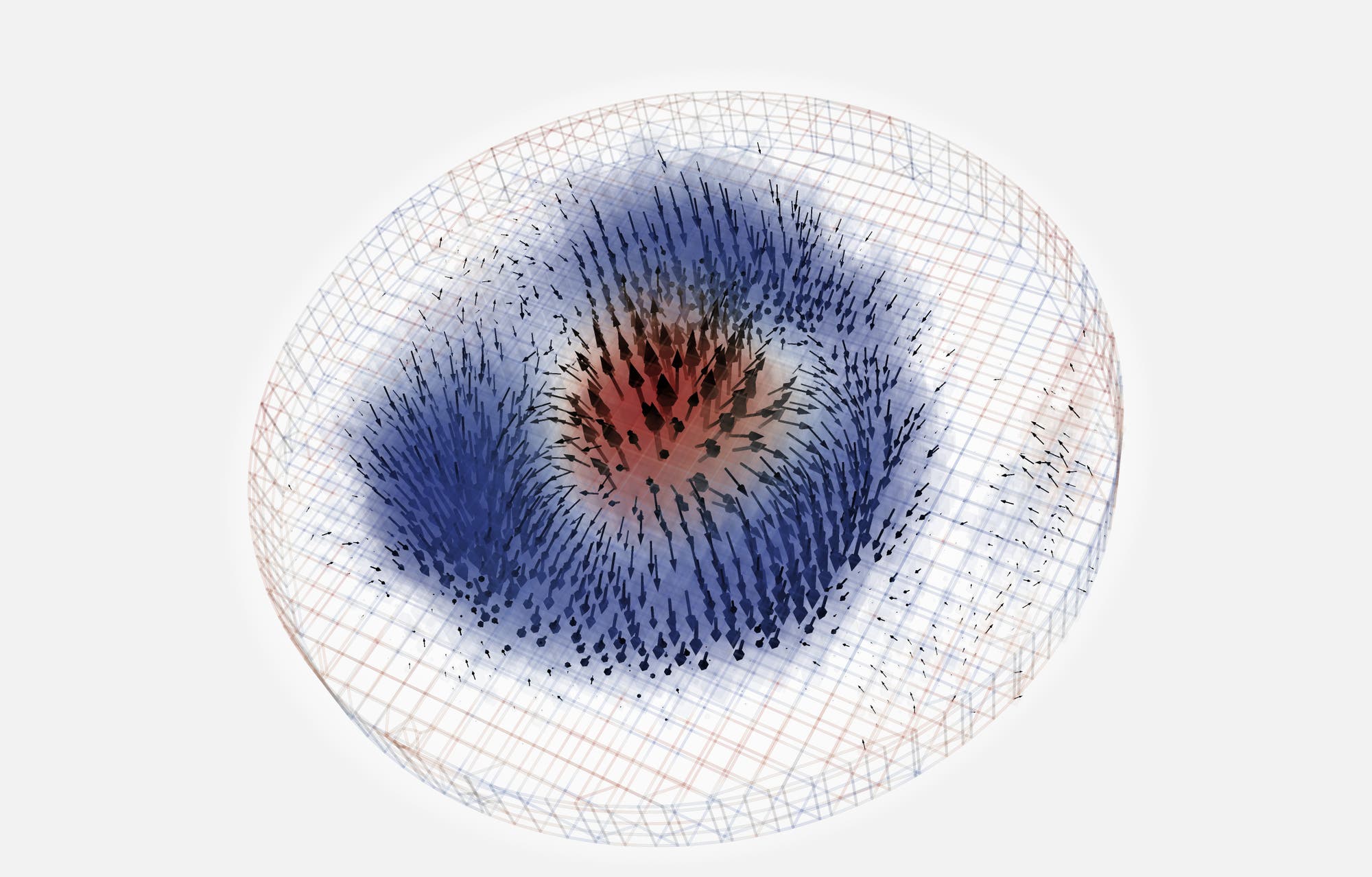 Bei dem untersuchten Skyrmion zeigt die Magnetisierung in der Mitte nach oben und dreht sich dann rundum nach unten. 