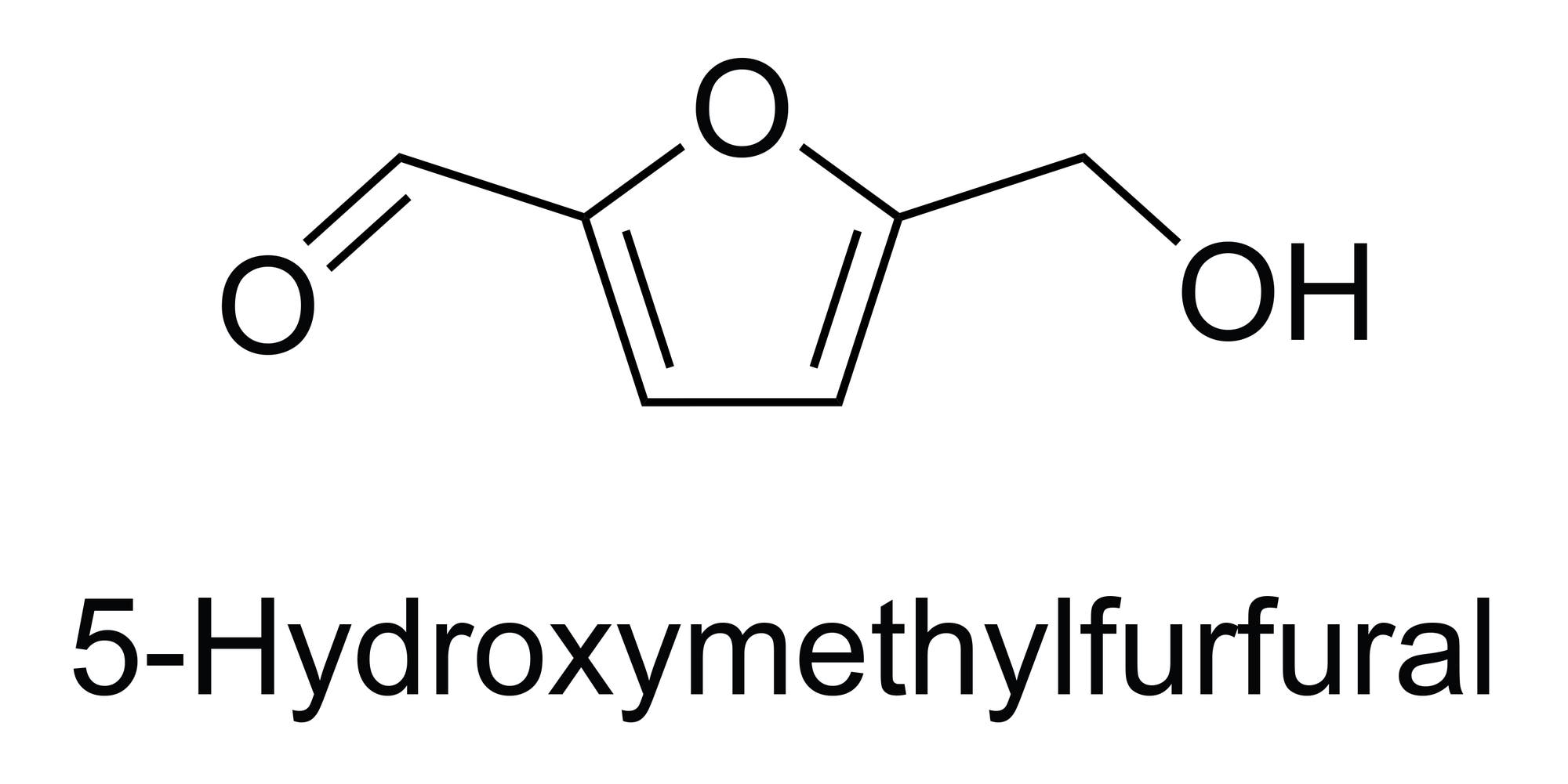 Eine chemische Strukturformel zeigt ein Molekül mit einem fünfgliedrigen Ring, der ein Sauerstoffatom enthält. Zwei Seitenketten sind an den Ring gebunden, eine mit einer Hydroxylgruppe (OH) und die andere mit einem Aldehyd (O). Unter der Struktur steht der Text „5-Hydroxymethylfurfural“.