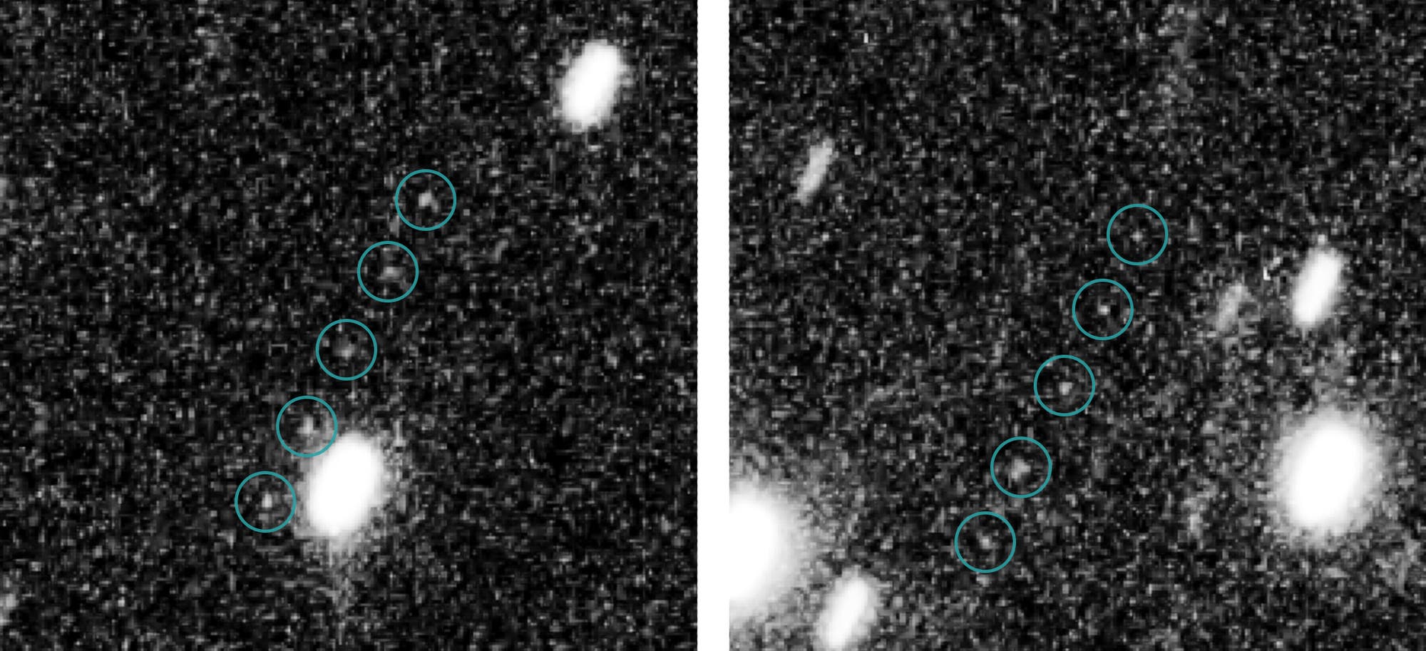 Zwei lichtschwache Objekte im Kuipergürtel (Aufnahme des Weltraumteleskops Hubble)