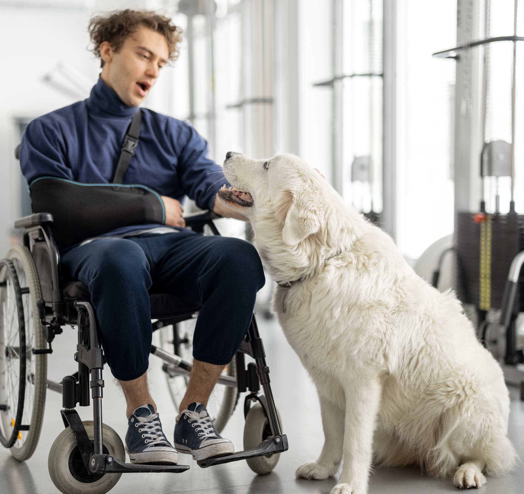 Junger Mann im Rollstuhl mit Hund