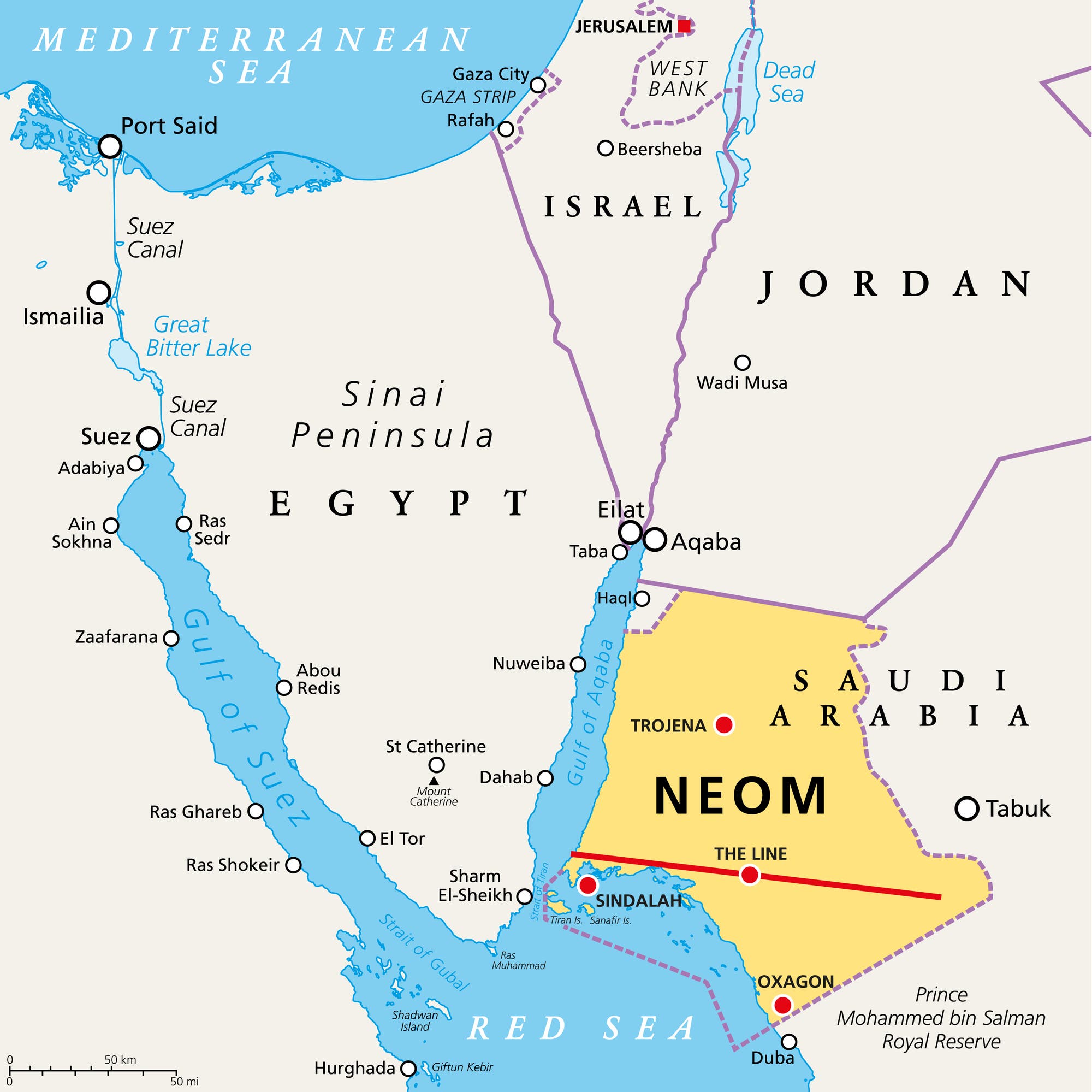 Eine Karte mit der Halbinsel Sinai und dem saudi-arabischen Neom