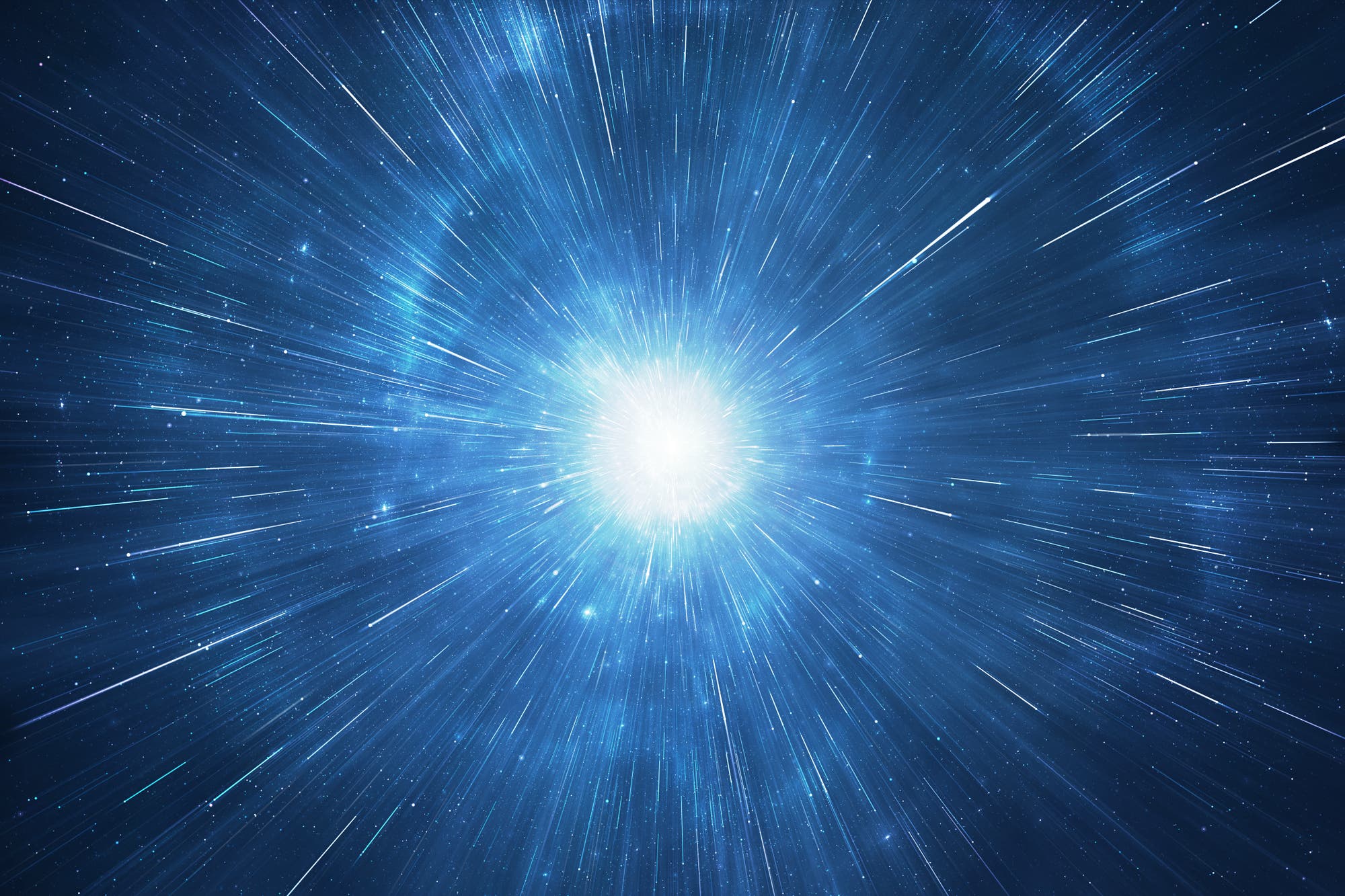 Ein strahlendes, weißes Licht im Zentrum eines blauen, sternenübersäten Hintergrunds, das den Eindruck von Geschwindigkeit und Bewegung vermittelt, ähnlich einem Warp-Effekt im Weltraum. Die Lichtstrahlen erstrecken sich radial vom Zentrum nach außen, was ein Gefühl von Tiefe und Unendlichkeit erzeugt.
