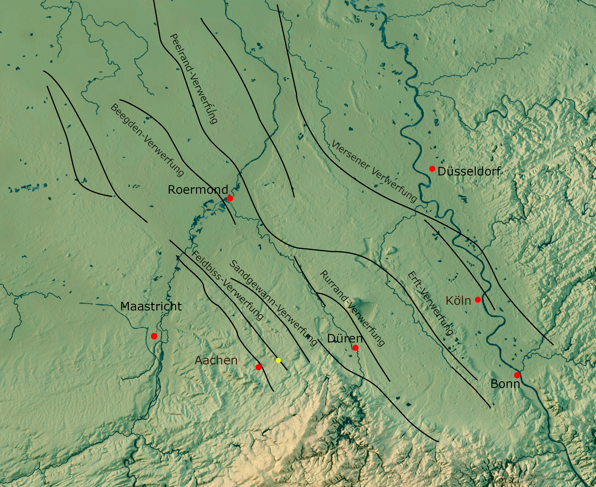 Übersichtskarte der Niederrheinischen Bucht mit eingezeichneten Verwerfungen.