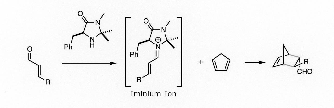 Das bei der Bindung des Katalysators gebildete Iminium-Ion verhält sich ähnlich wie das Metallatom in einem klassischen Katalysator – kommt aber ohne das Metall aus.