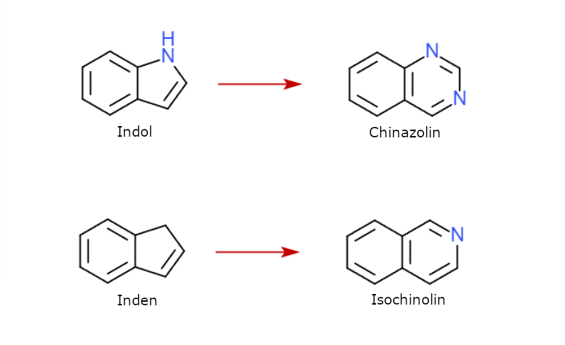Oben Indol und Chinazolin, unten Inden und Isochinolin.