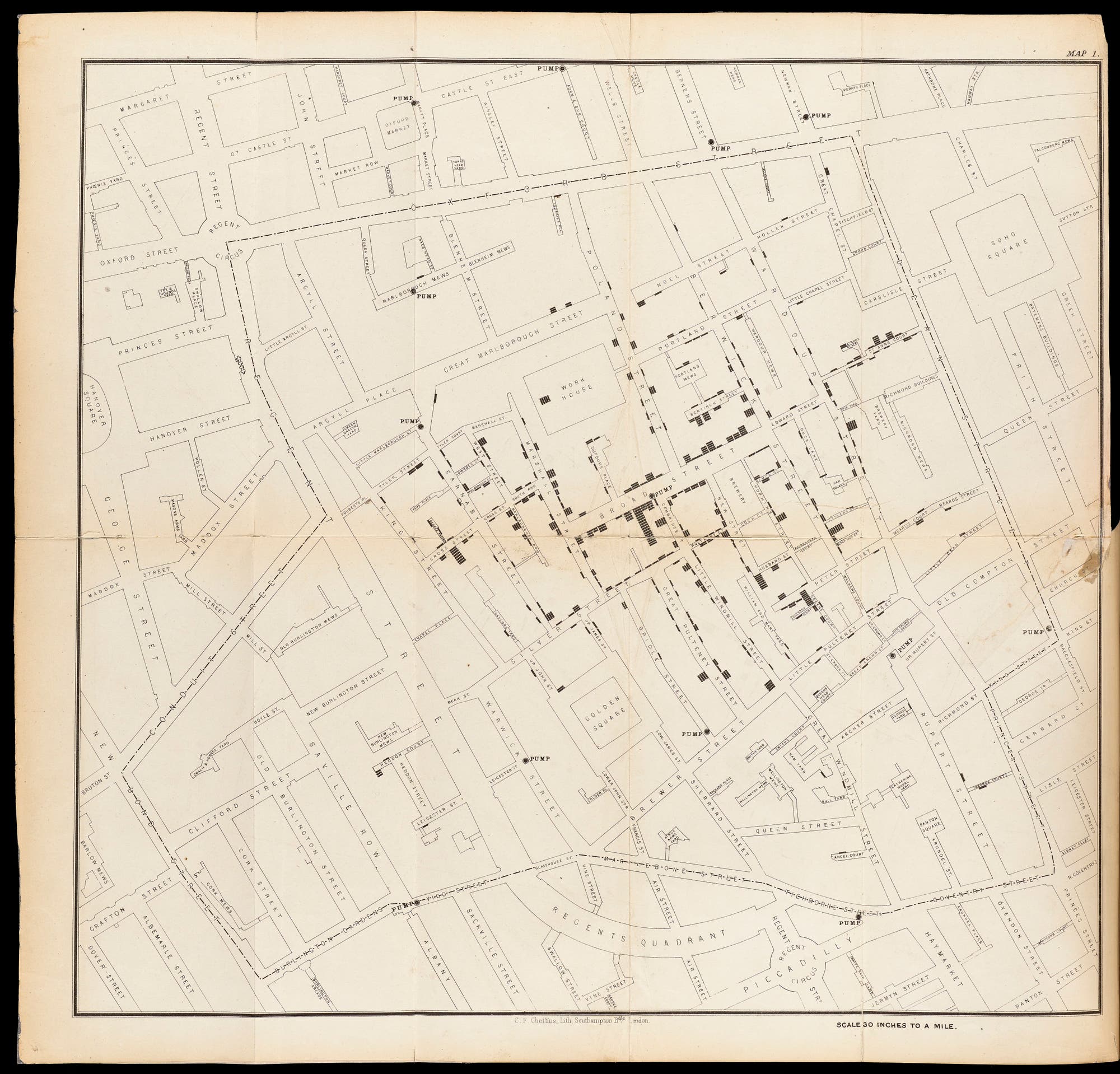 Eine Karte des Londoner Stadtteils Soho mit eingezeichneten Punkten