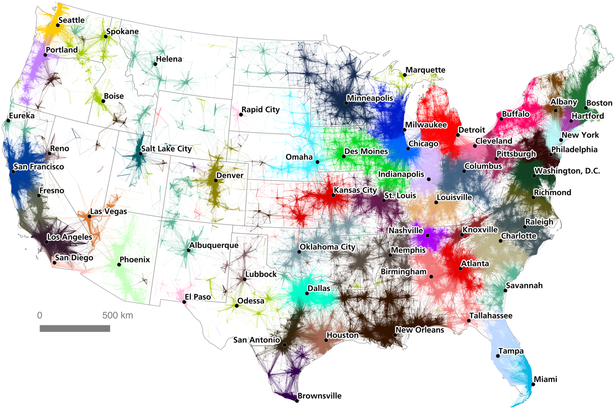 Karte der USA mit Pendlerrouten