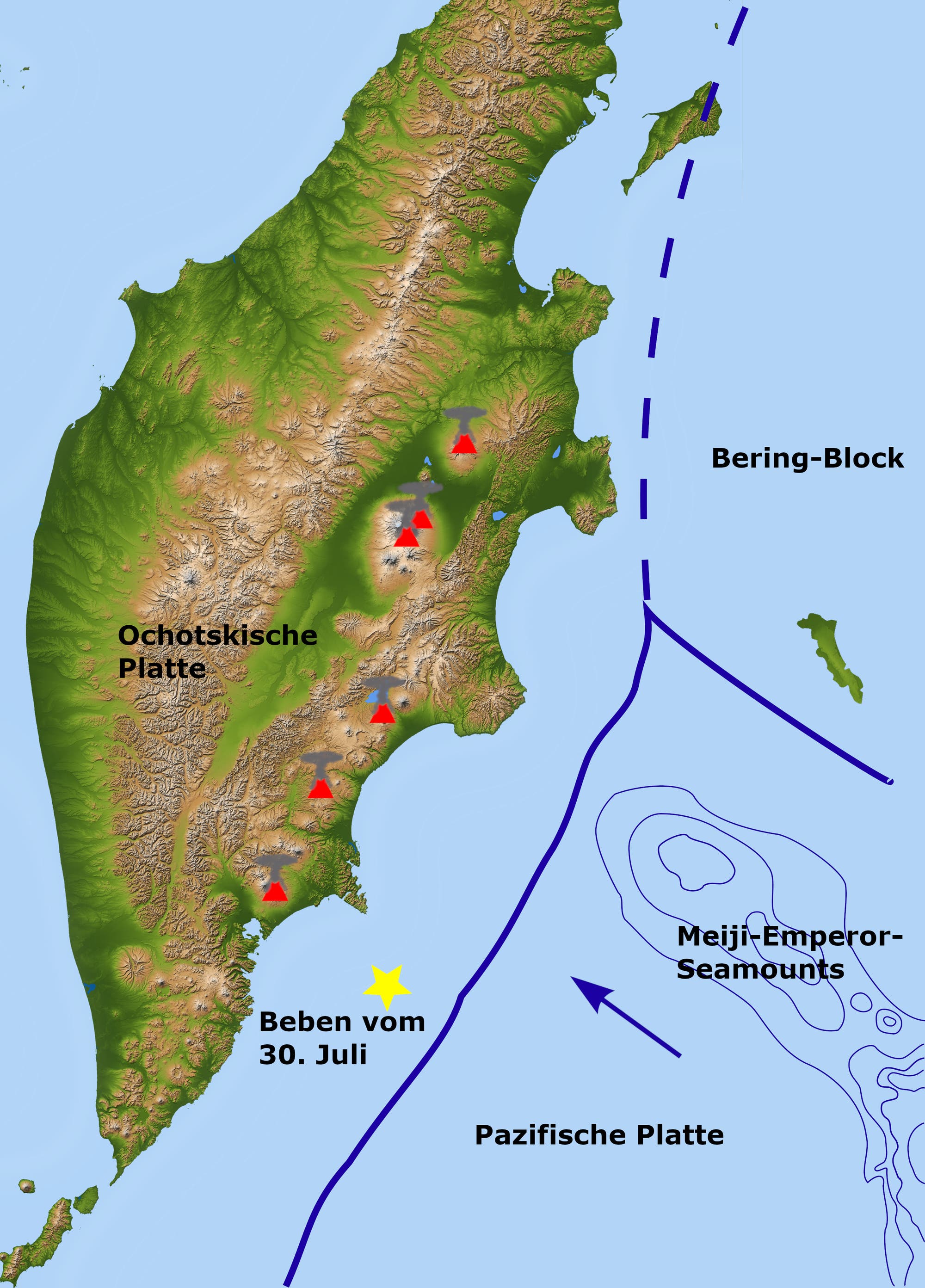 Karte der Region um die Ochotskische Platte, die die tektonischen Platten und geologischen Merkmale zeigt. Die Karte hebt die Lage des Erdbebens vom 30. Juli mit einem gelben Stern hervor. Rote Dreiecke markieren Vulkane. Die Pazifische Platte und der Bering-Block sind durch blaue Linien abgegrenzt. Die Meiji-Emperor-Seamounts sind ebenfalls eingezeichnet.
