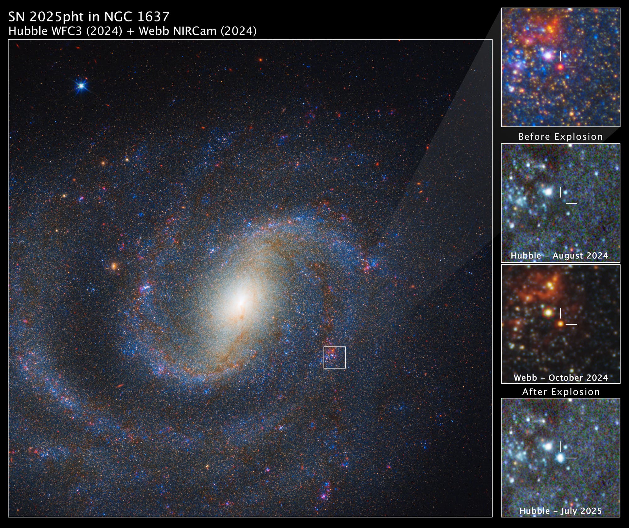 Una galaxia espiral en la que se marca un pequeño punto brillante. Esta es la luz de la supernova SN2025pht. 