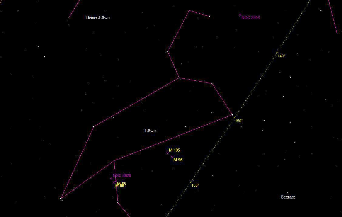 Aufsuchkarte für das Leo-Triplett im Sternbild Löwe