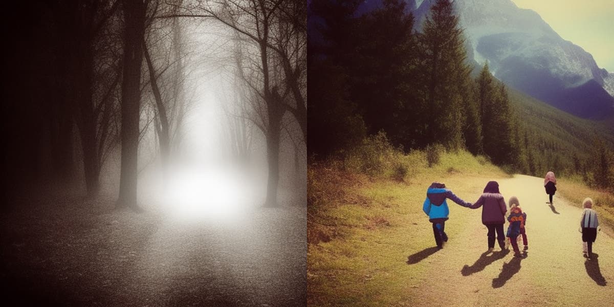 Ein Bild mit zwei nebeneinander angeordneten Fotografien. Links: Ein nebliger Waldweg, gesäumt von kahlen Bäumen, der in ein helles Licht führt. Rechts: Eine Gruppe von fünf Personen, darunter Kinder, die auf einem sonnigen Pfad in einer bergigen Landschaft spazieren gehen. Die Szene vermittelt einen Kontrast zwischen mystischer Dunkelheit und lebendiger Natur.