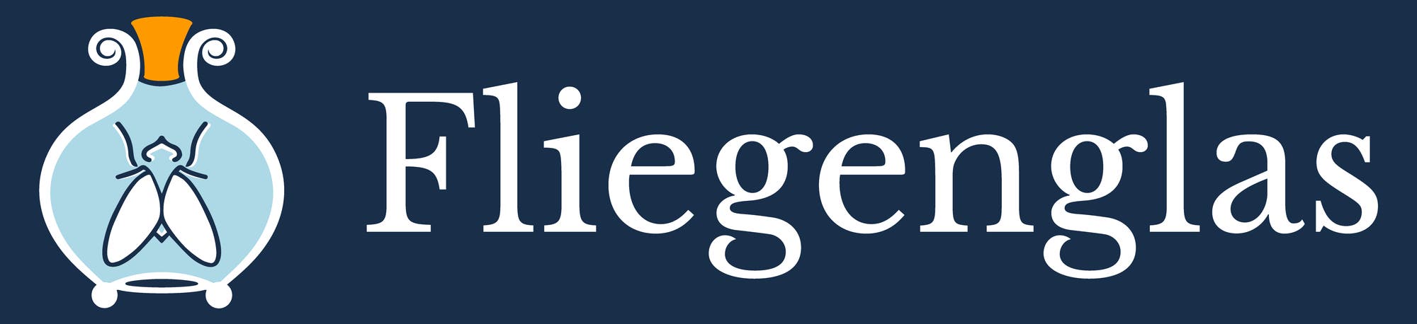 Logo Fliegenglas: Fliege in Glas, Text "Fliegenglas"