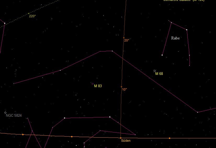Aufsuchkarte für Messier 83 und Messier 68
