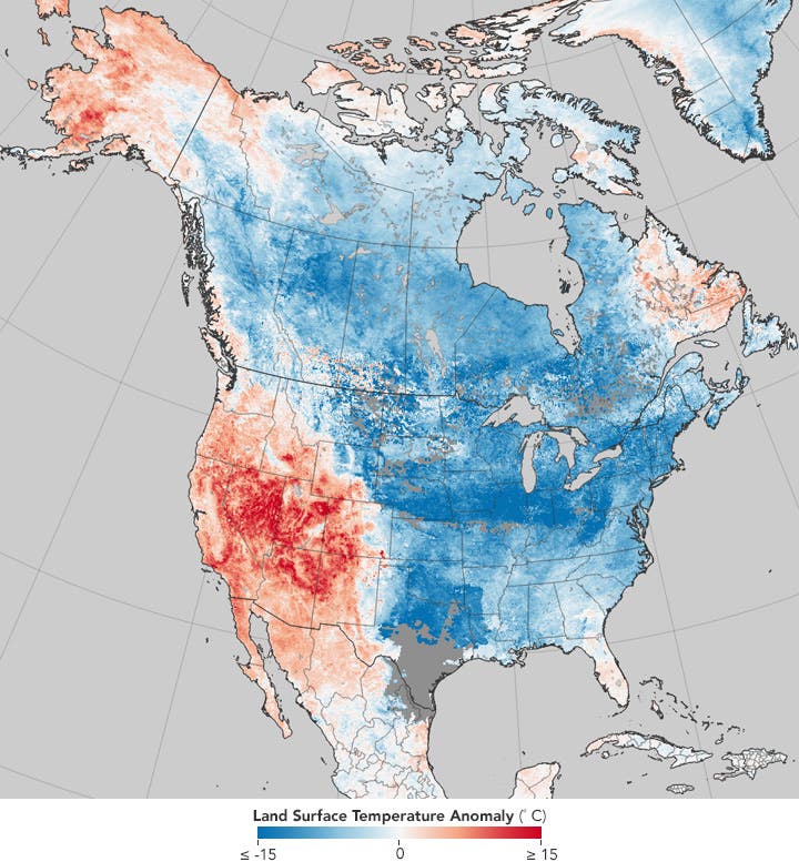 Eine Karte der Temperaturanomalien in Nordamerika.