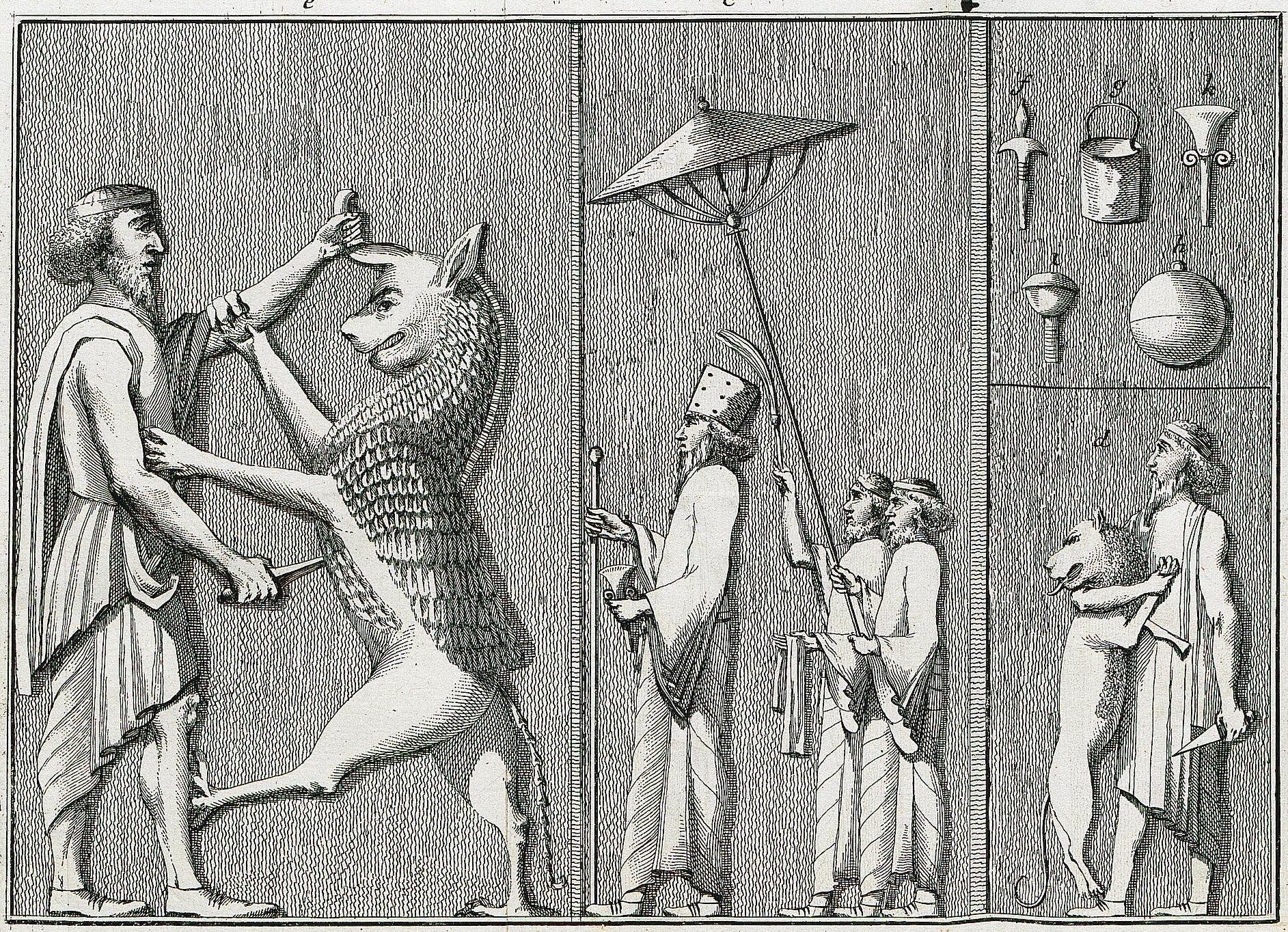 Tafel aus Carsten Niebuhrs Reisebeschreibungen, die Reliefs in den Ruinen von Persepolis zeigt.