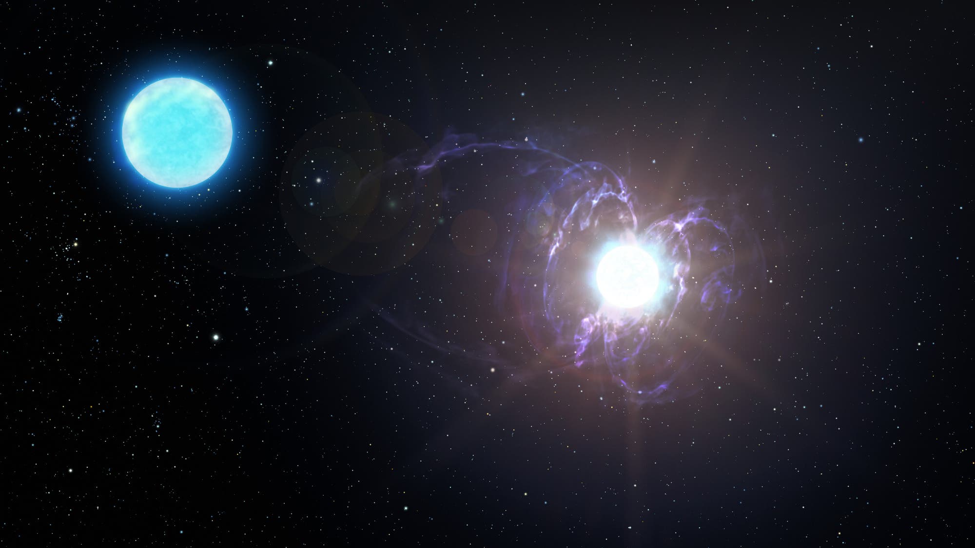 Künstlerische Darstellung des Doppelsternsystems HD 45166, das aus einem normalen Hauptreihenstern (links) und einem Wolf-Rayet-Stern (rechts) besteht.