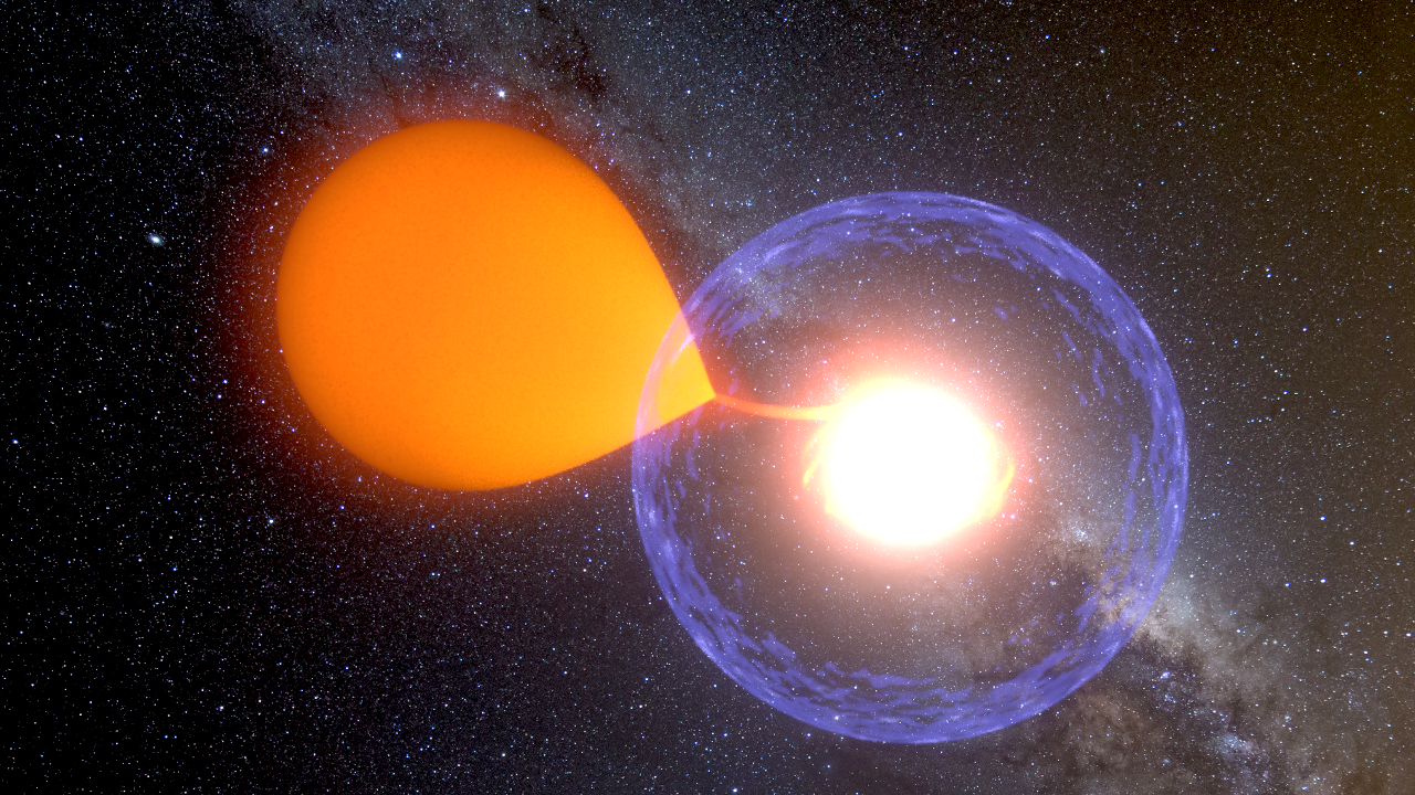 Ein enges Doppelsternsystem wird zur Nova (künstlerische Darstellung)