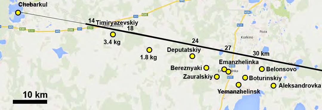 Bestätigte Meteoritenfunde vom Boliden von Tscheljabinsk (Karte)