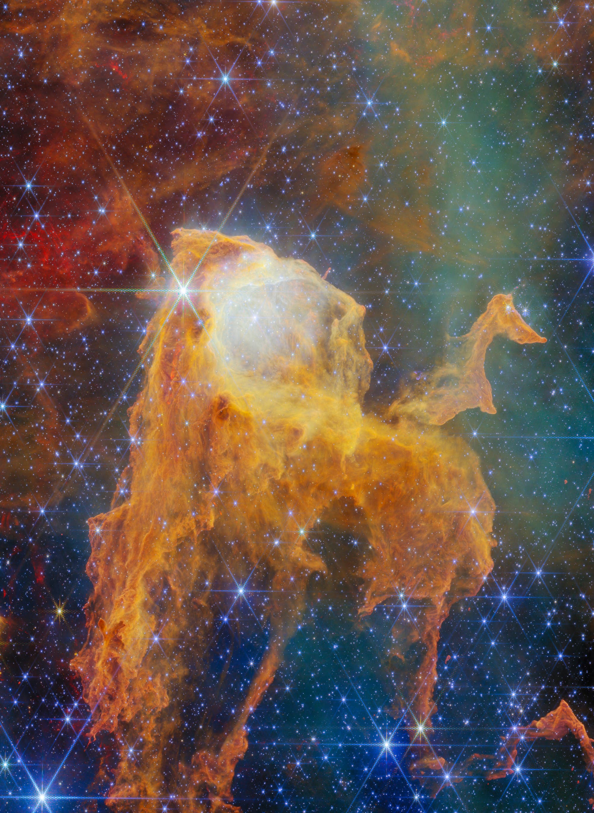 Eine farbenfrohe astronomische Aufnahme zeigt eine leuchtende Gas- und Staubwolke im Weltraum, die von zahlreichen funkelnden Sternen umgeben ist. Die Wolke hat eine komplexe, skulpturale Form mit leuchtenden Orange- und Gelbtönen, die sich vor einem Hintergrund aus tiefem Blau und Grün abheben. Die Sterne sind als helle Punkte mit diffusen Lichtstrahlen dargestellt. Dieses Bild veranschaulicht die Schönheit und Komplexität von Nebeln im Universum. Eine farbenfrohe astronomische Aufnahme zeigt eine leuchtende Gas- und Staubwolke im Weltraum, die von zahlreichen funkelnden Sternen umgeben ist. Die Wolke hat eine komplexe, skulpturale Form mit leuchtenden Orange- und Gelbtönen, die sich vor einem Hintergrund aus tiefem Blau und Grün abheben. Die Sterne sind als helle Punkte mit diffusen Lichtstrahlen dargestellt. Dieses Bild veranschaulicht die Schönheit und Komplexität von Nebeln im Universum.