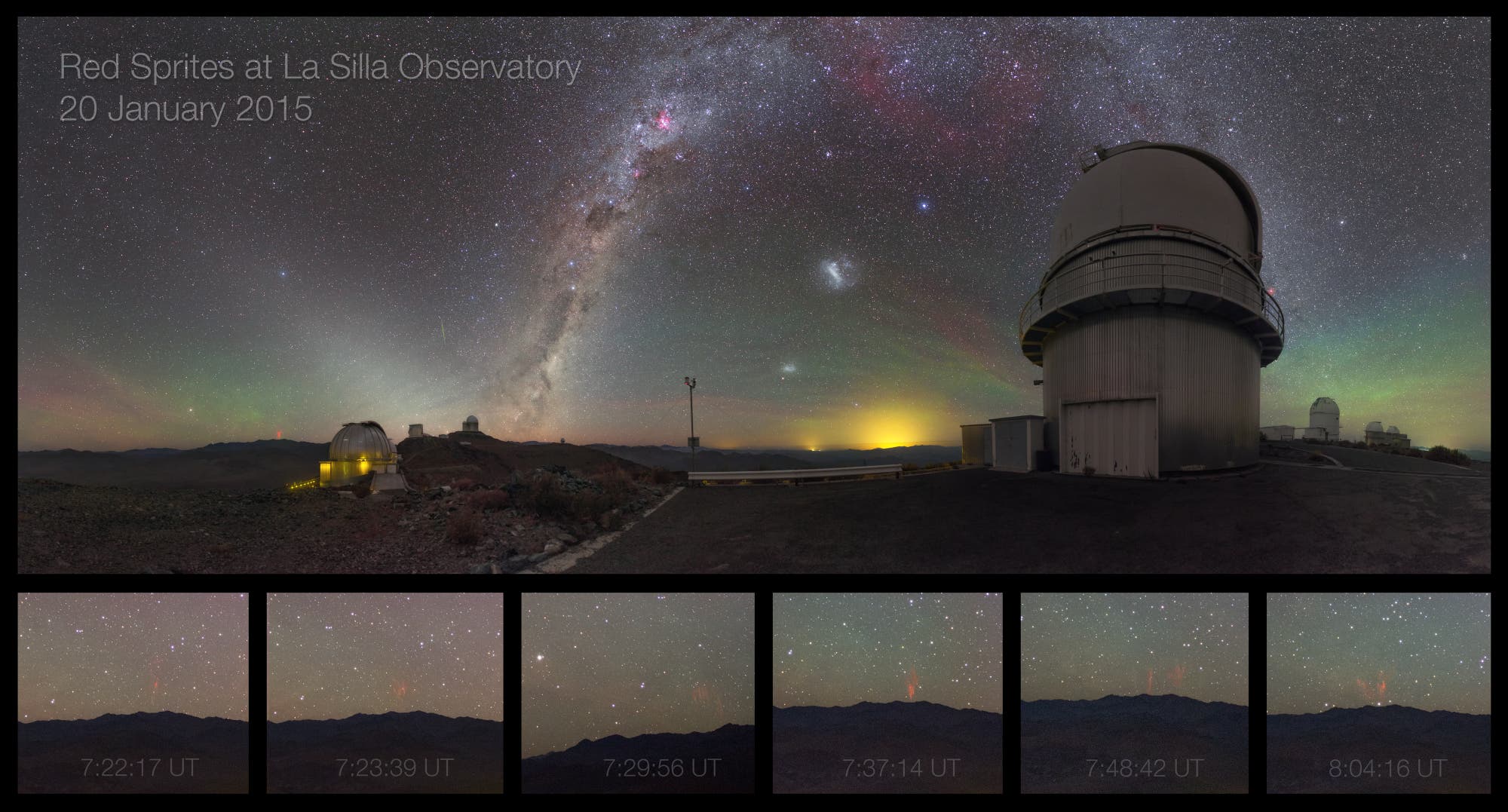 Rote Kobolde entstehen oberhalb von großen Gewittern und werden daher nur selten von der Erde aus fotografiert. Diese Bilder entstanden am La-Silla-Observatorium der Europäischen Südsternwarte in der chilenischen Atacama-Wüste.