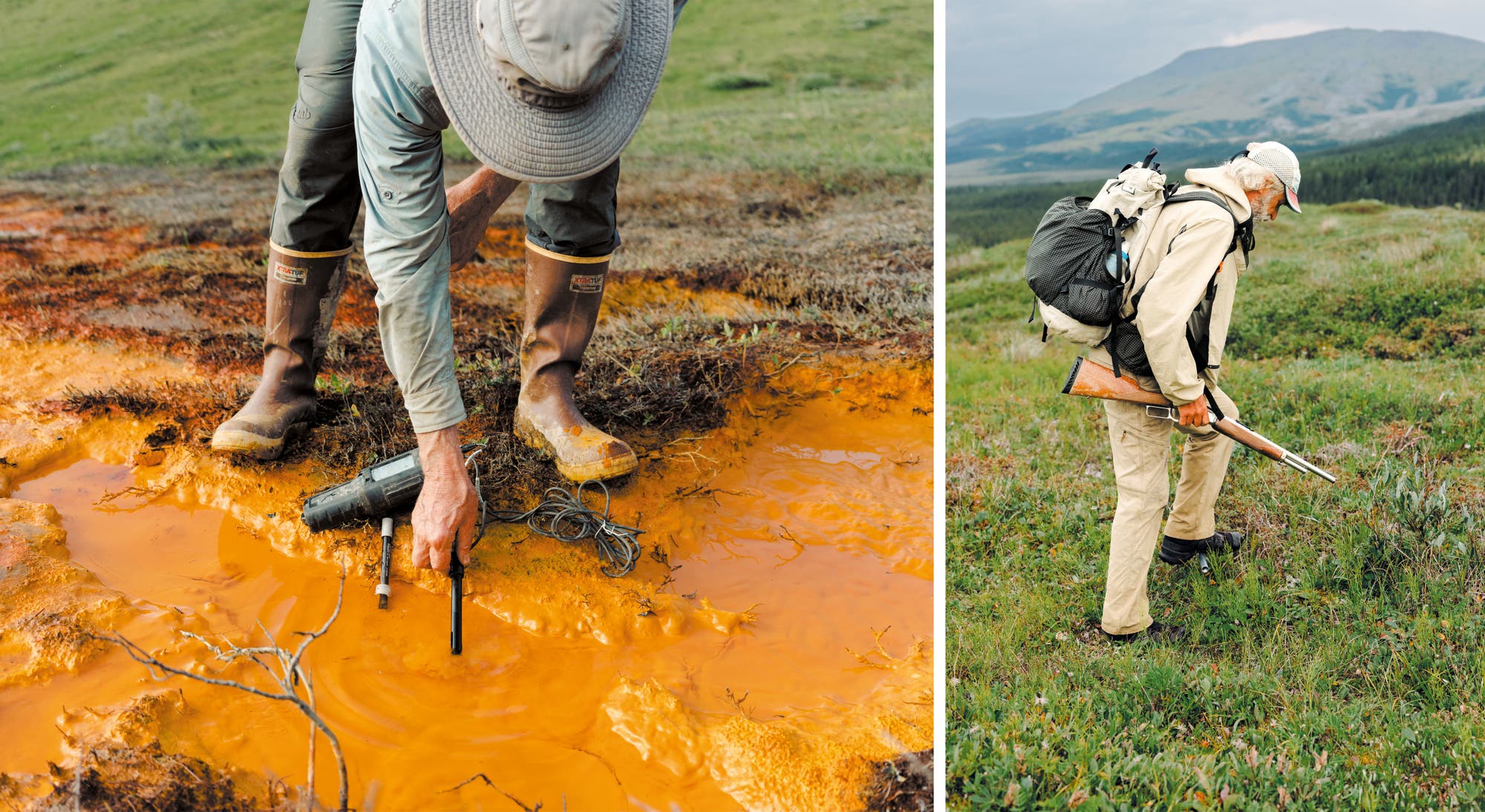 zwei Fotos: links: ein Forscher misst den ph-Wert dvon orange-schlammigem Wasser; rechts: ein Forscher drückt mit dem Fuß ein Meßgerät in den Boden.
