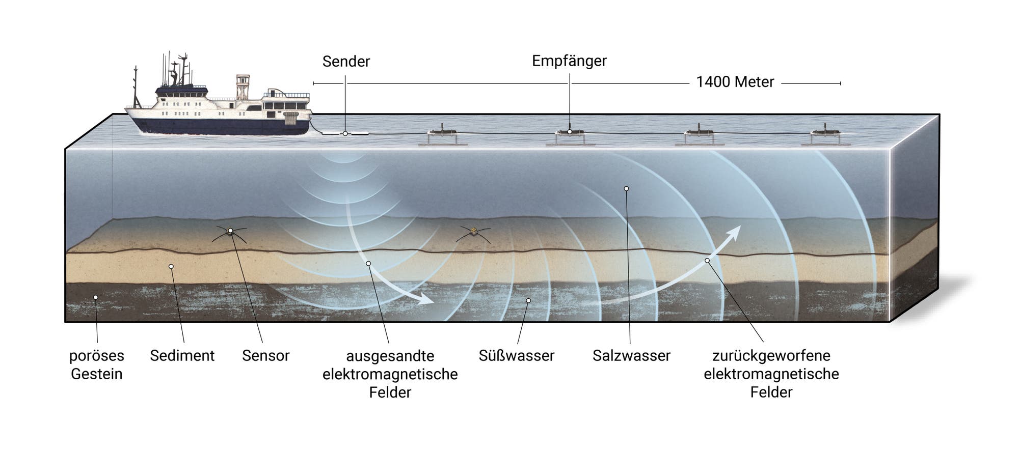 eine schematische Darstellung zeigt ein Schiff, das mit Sonar den Meeresboden untersucht
