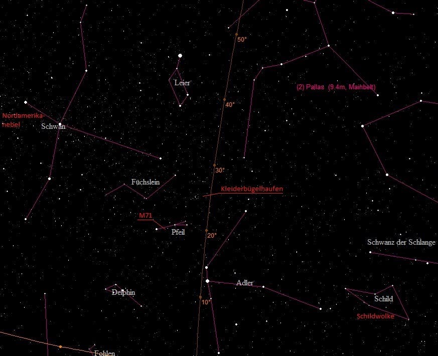 Übersicht der Sommermilchstraße im Bereich der Sternbilder Schwan und Adler