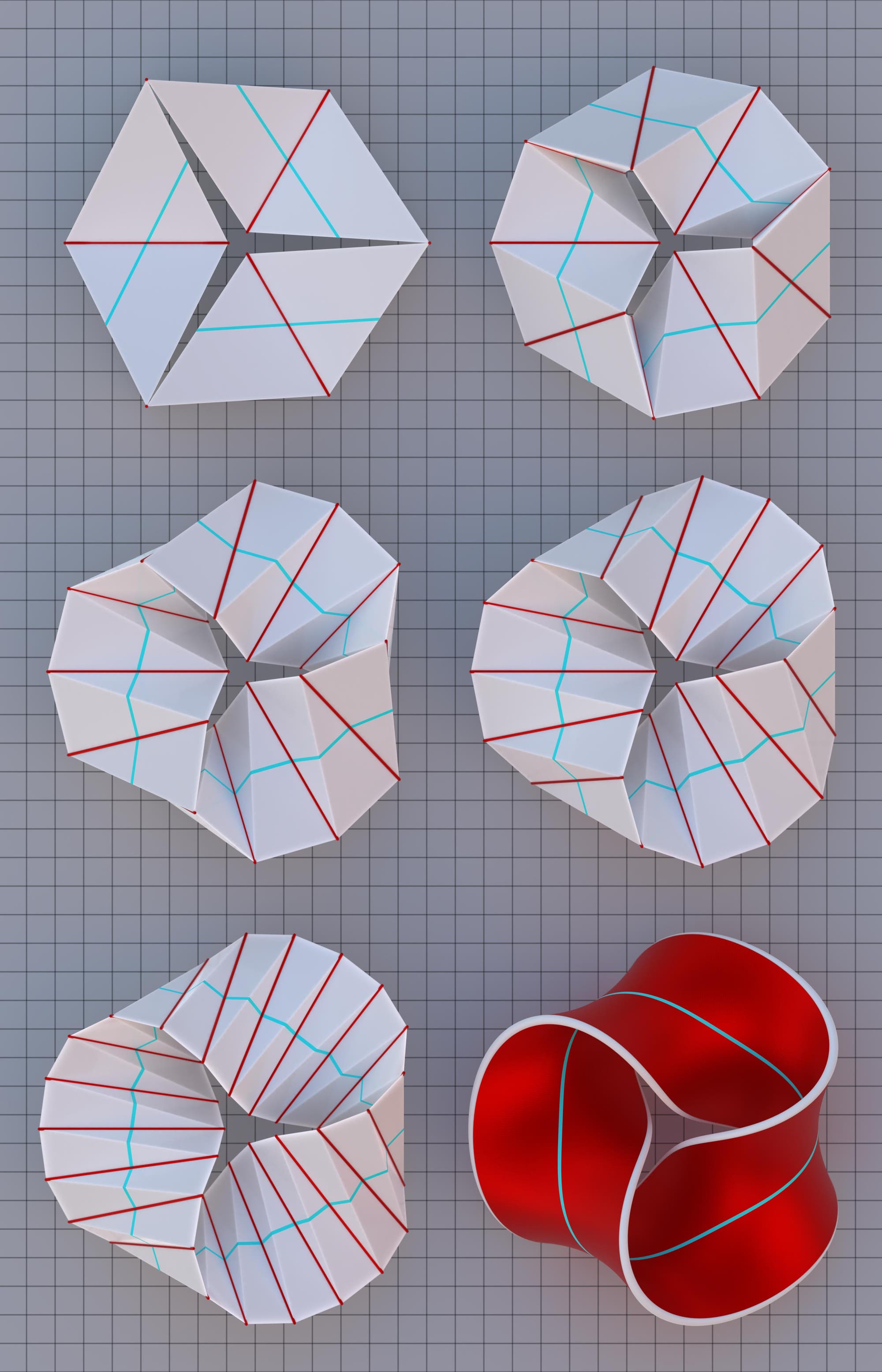 Sechs Origami-Modelle auf einem grauen Rasterhintergrund zeigen die schrittweise Transformation eines geometrischen Designs. Die Modelle bestehen aus weißen Papierflächen mit roten und blauen Linien, die Faltkanten darstellen. Die Transformation beginnt oben links mit einem flachen, sechseckigen Muster und entwickelt sich zu einer komplexen, dreidimensionalen Form unten rechts, die in Rot hervorgehoben ist. Die roten Linien betonen die Strukturveränderungen, während die blauen Linien die Symmetrie und Falttechnik verdeutlichen.