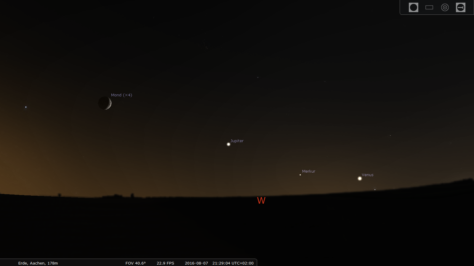 Jupiter, Merkur und Venus am Abendhimmel im Westen (Horizontansicht)