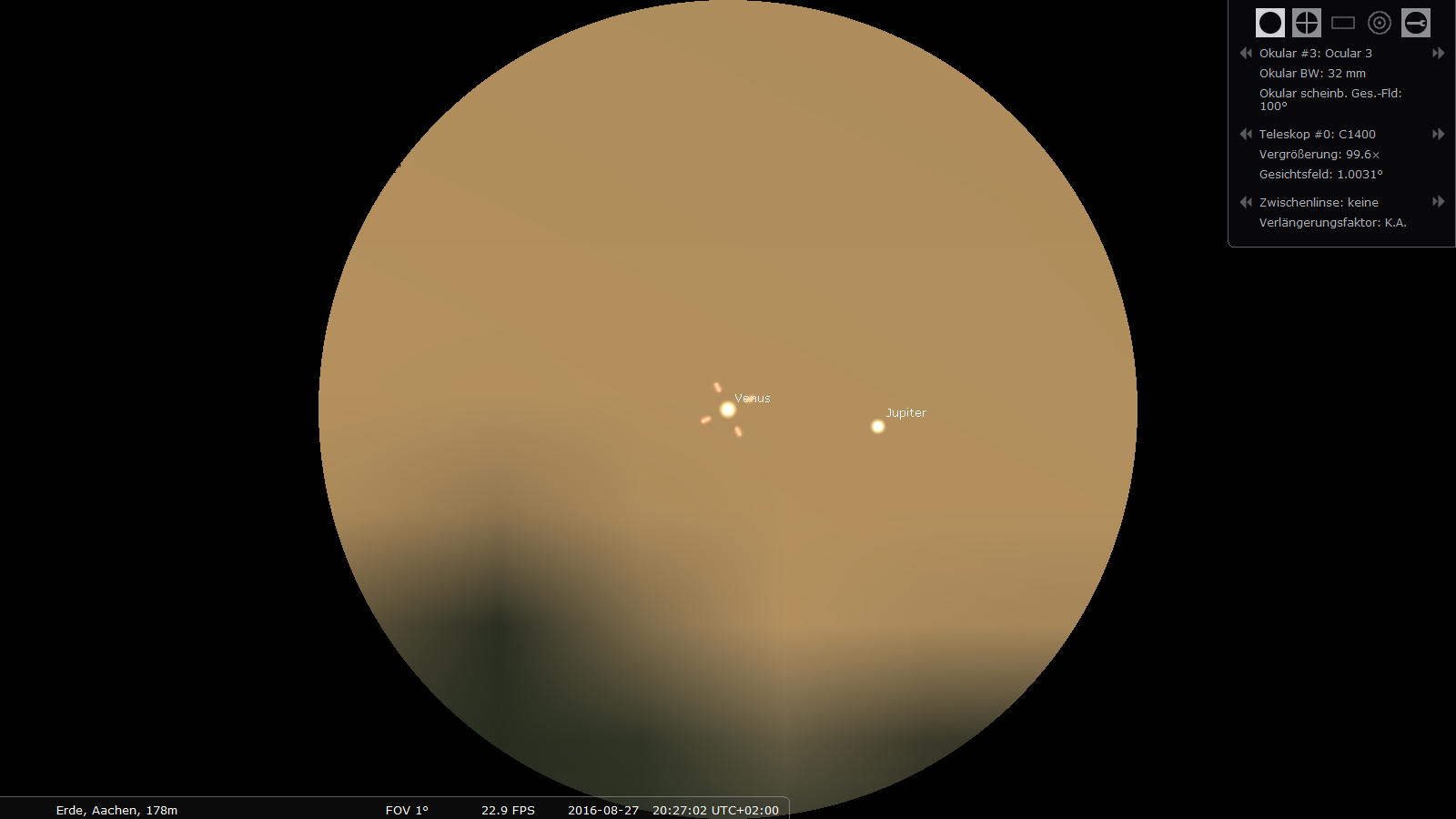 Simuliertes Bild der engen Begegnung von Venus und Jupiter am 27. August 2016