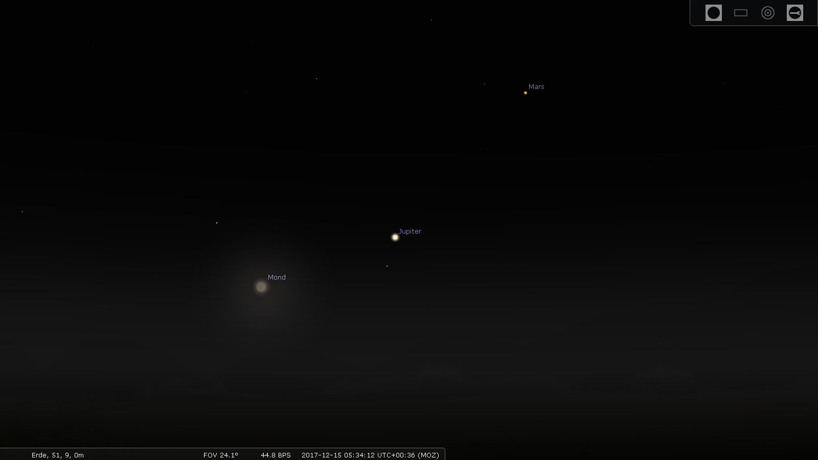 Mondsichel mit Jupiter und Mars am 15. Dezember