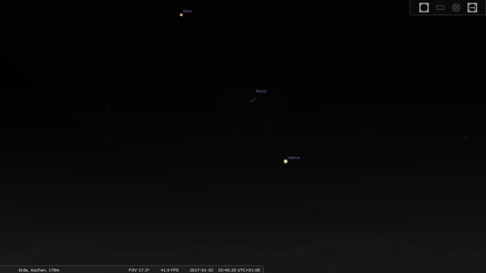 Ein Dreigestirn aus Mars, Mond und Venus am Abendhimmel