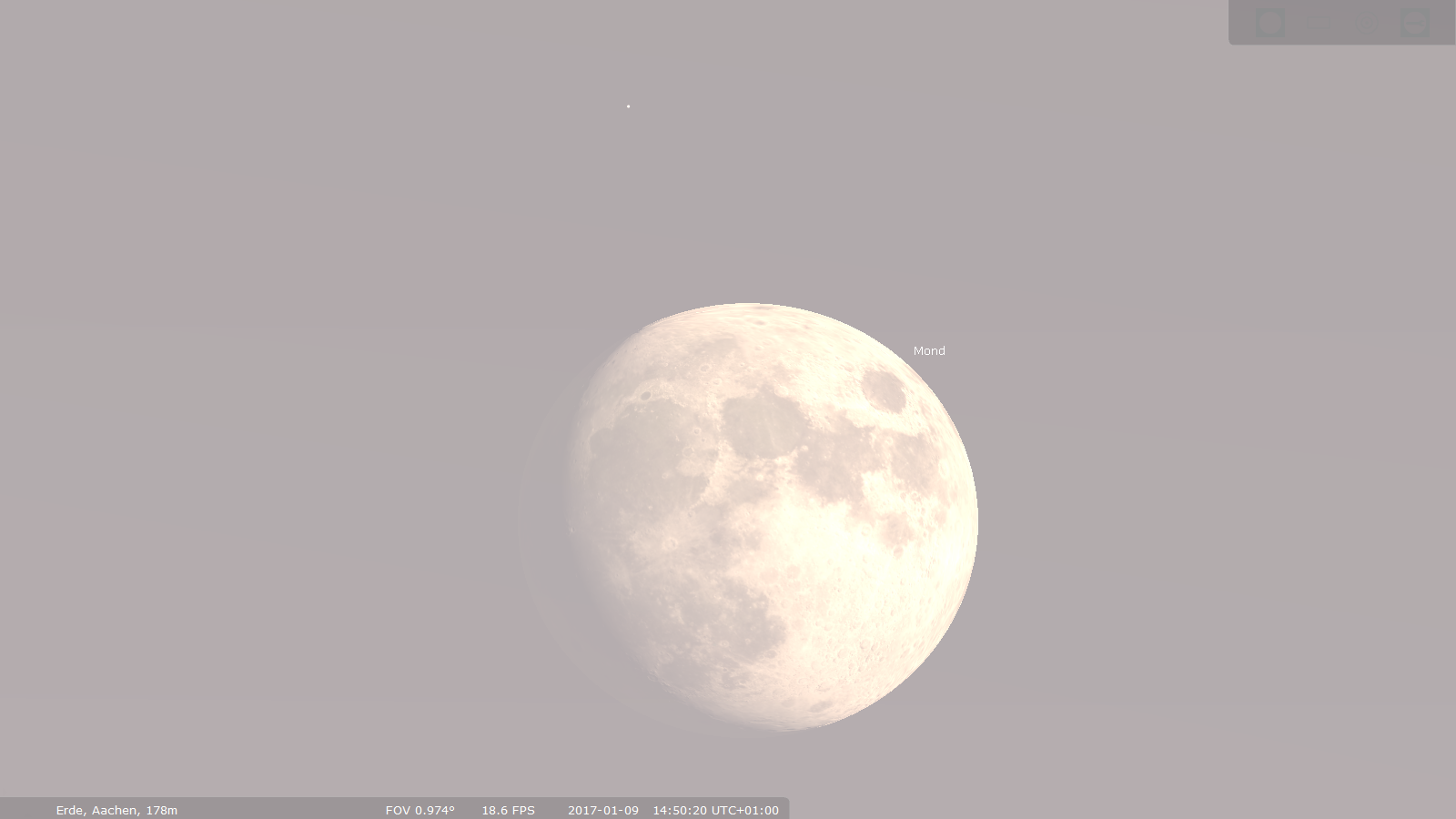 Simulierter Anblick vom Mond und Aldebaran am Taghimmel des 9. Januar 2017 