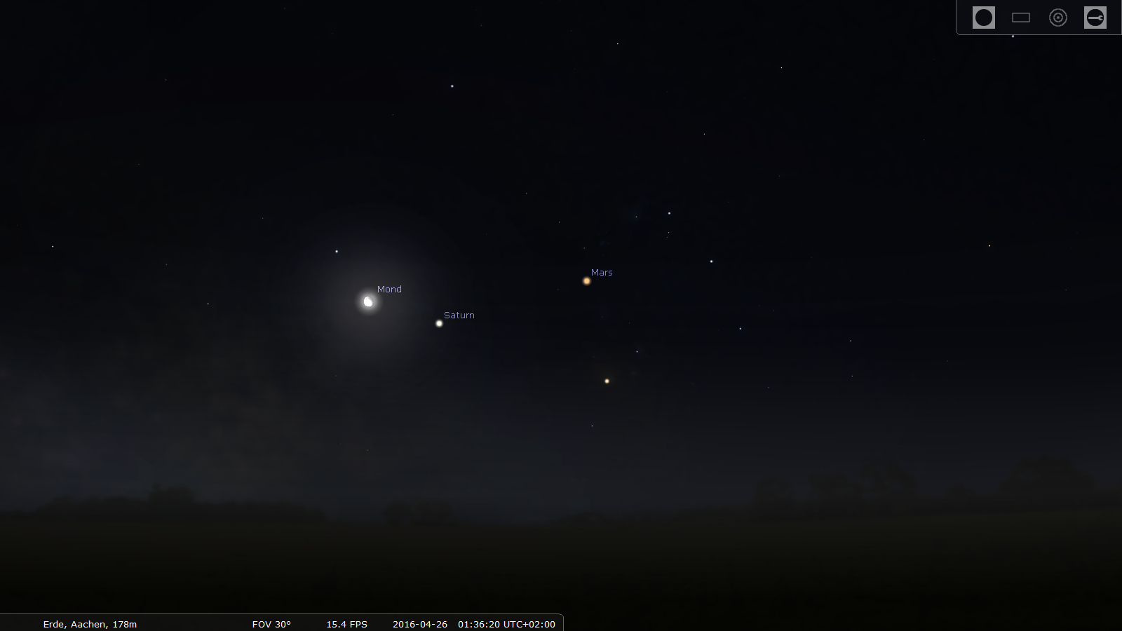 Stelldichein von Mond, Saturn und Mars am 26. April 2016