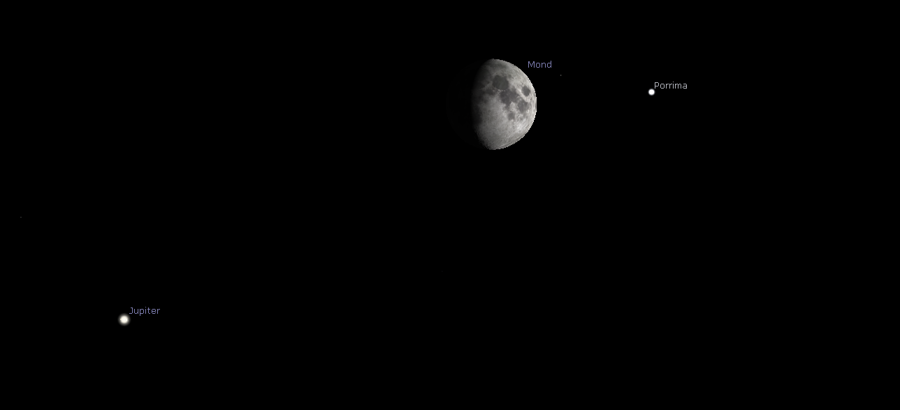 Der zunehmende Mond zwischen Porrima und Jupiter (Beobachtungsszene)