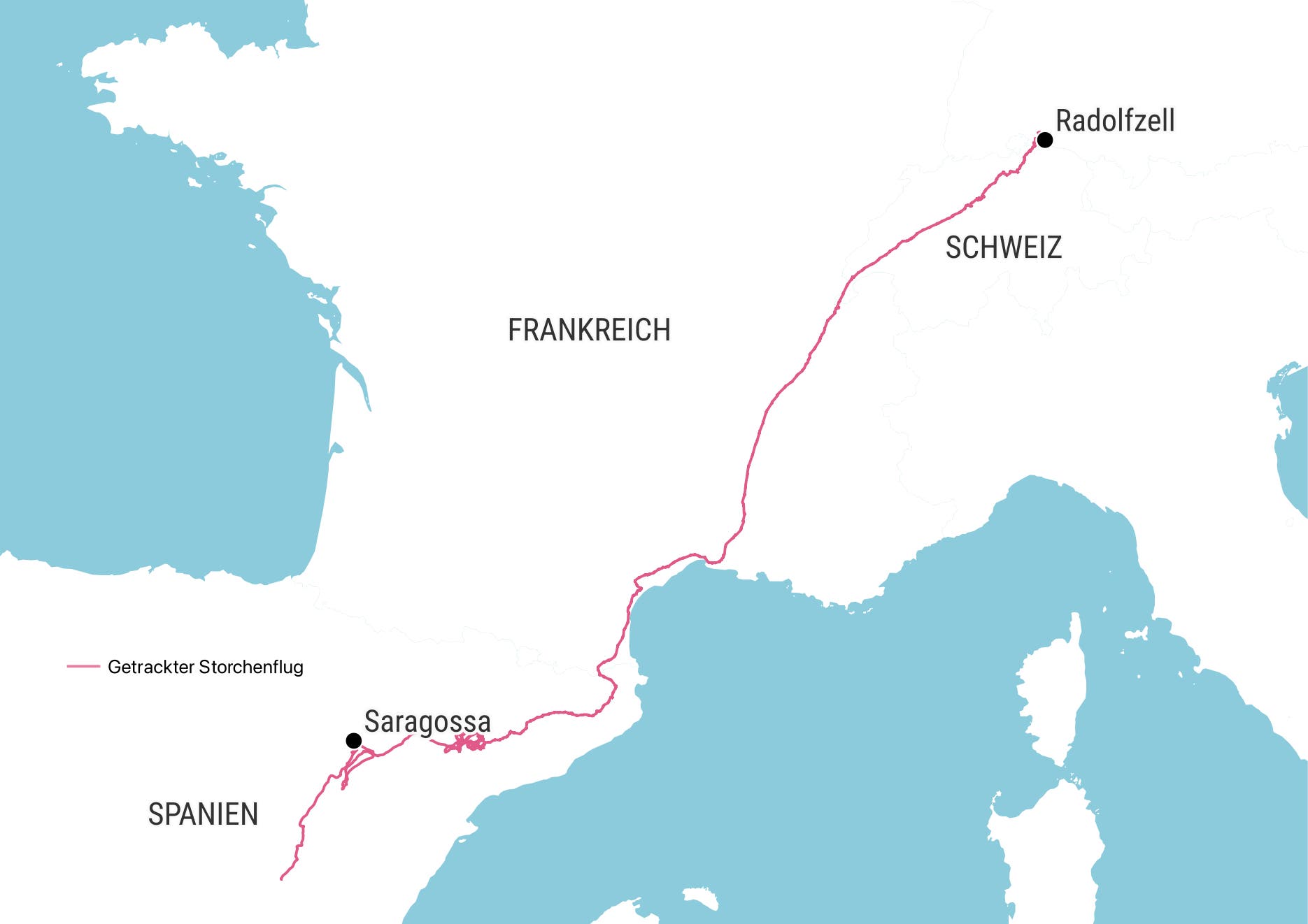 Karte, die die Flugroute eines Storches von Radolfzell in der Schweiz nach Saragossa in Spanien zeigt. Die Route ist in Rot markiert und verläuft durch Frankreich. Die Karte hebt die Ländergrenzen hervor und zeigt die geografische Lage der Städte.
