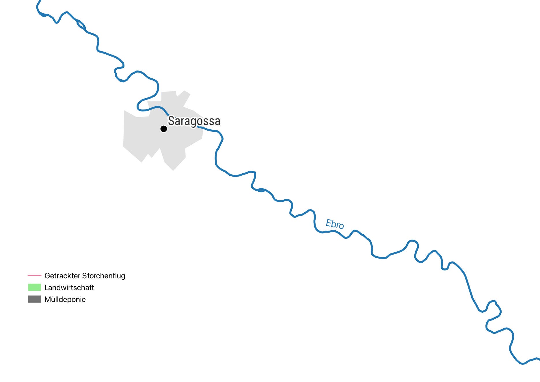 Eine geografische Karte zeigt den Fluss Ebro, der sich durch die Region um Saragossa schlängelt. Der Fluss ist in Blau dargestellt. Saragossa ist als graue Fläche markiert. Eine Legende erklärt die Symbole: ein rosa Strich für den getrackten Storchenflug, Grün für Landwirtschaftsgebiete und Grau für Mülldeponien. Der Fokus liegt auf der Darstellung der geografischen Lage und der Nutzung der Landflächen.