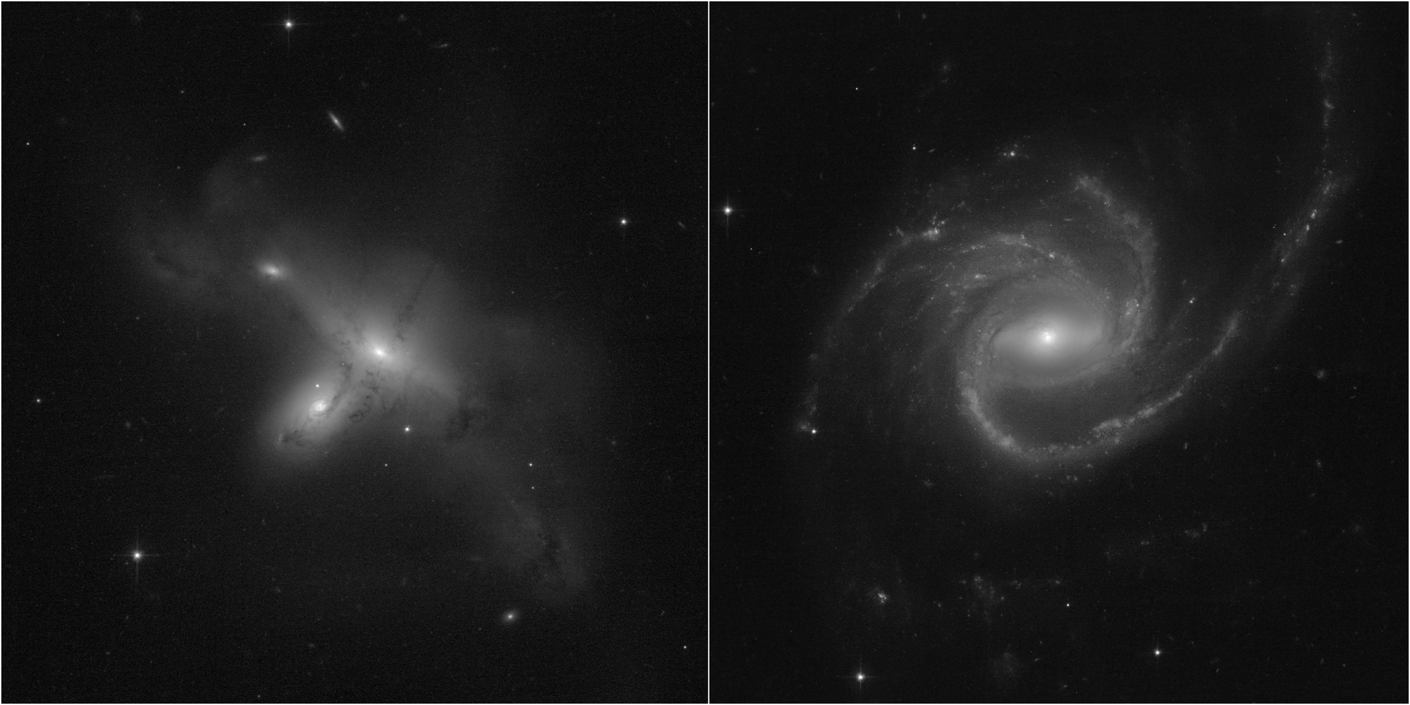 Zu sehen ist zum einen ARP-MADORE2115-273, ein selten beobachtetes Beispiel für ein Paar interagierender Galaxien (links). Zum anderen die große Spiralgalaxie ARP-MADORE0002-503.