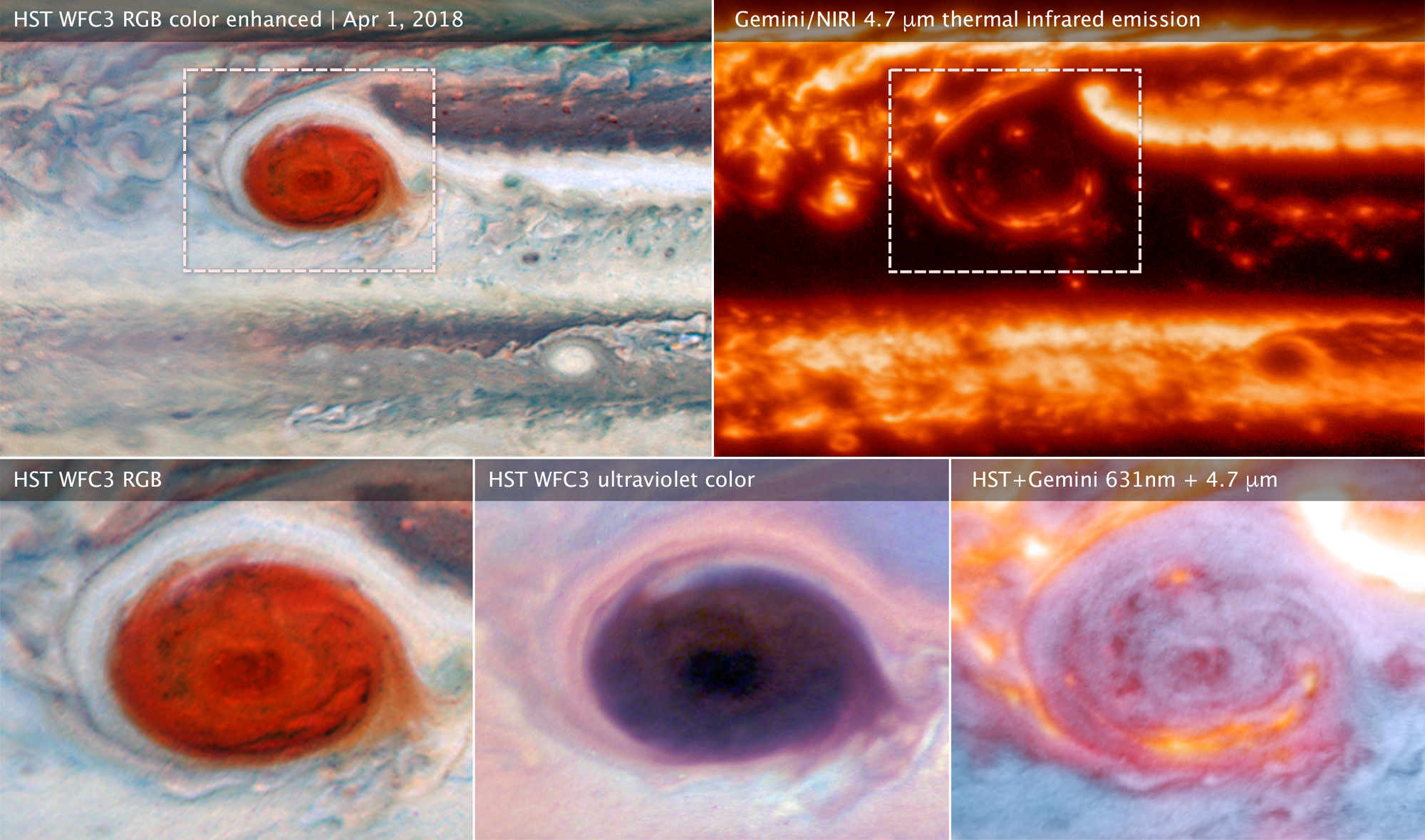 Besonders gut getroffen von Raumsonde und Teleskopen: Jupiters Großer Roter Fleck