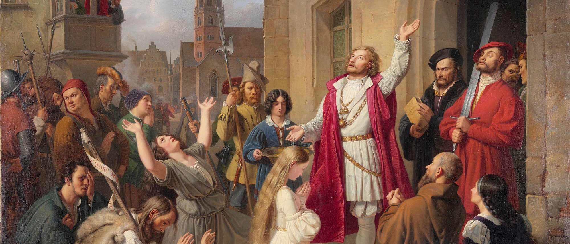 Ein historisches Gemälde zeigt eine Gruppe von Menschen, die sich um einen Mann in einem weißen Gewand und rotem Umhang versammelt haben. Der Mann steht mit erhobenen Armen vor einem Gebäude, während die umstehenden Personen unterschiedliche Emotionen zeigen, von Anbetung bis zu Erstaunen. Im Hintergrund sind mittelalterliche Gebäude und ein Turm zu sehen. Die Szene vermittelt eine feierliche und bedeutungsvolle Atmosphäre. Ein historisches Gemälde zeigt eine Gruppe von Menschen, die sich um einen Mann in einem weißen Gewand und rotem Umhang versammelt haben. Der Mann steht mit erhobenen Armen vor einem Gebäude, während die umstehenden Personen unterschiedliche Emotionen zeigen, von Anbetung bis zu Erstaunen. Im Hintergrund sind mittelalterliche Gebäude und ein Turm zu sehen. Die Szene vermittelt eine feierliche und bedeutungsvolle Atmosphäre.