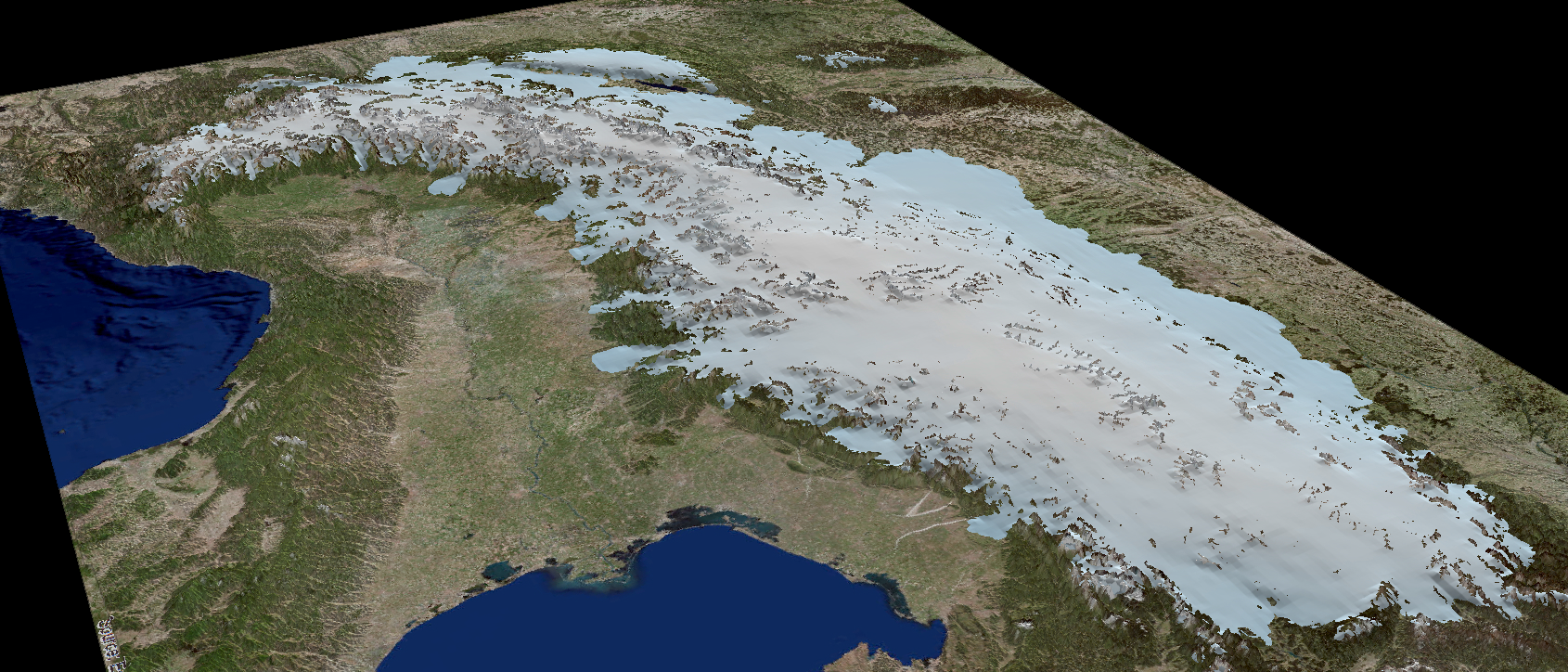 Computerdarstellung der Eiskappe der Alpen während der letzten Eiszeit