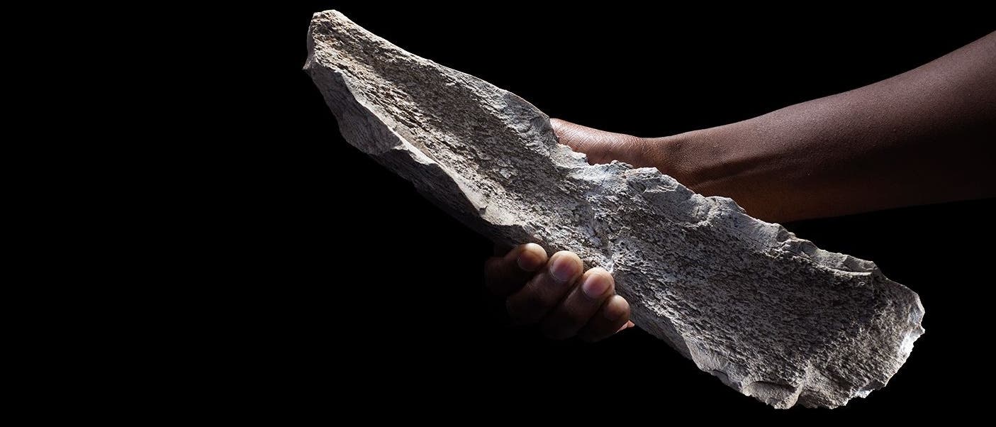 Eine Hand hält ein großes, unregelmäßig geformtes Stück grauen Knochenmaterials vor einem schwarzen Hintergrund. Die Textur des Knochens ist rau und kantig. Eine Hand hält ein großes, unregelmäßig geformtes Stück grauen Knochenmaterials vor einem schwarzen Hintergrund. Die Textur des Knochens ist rau und kantig.
